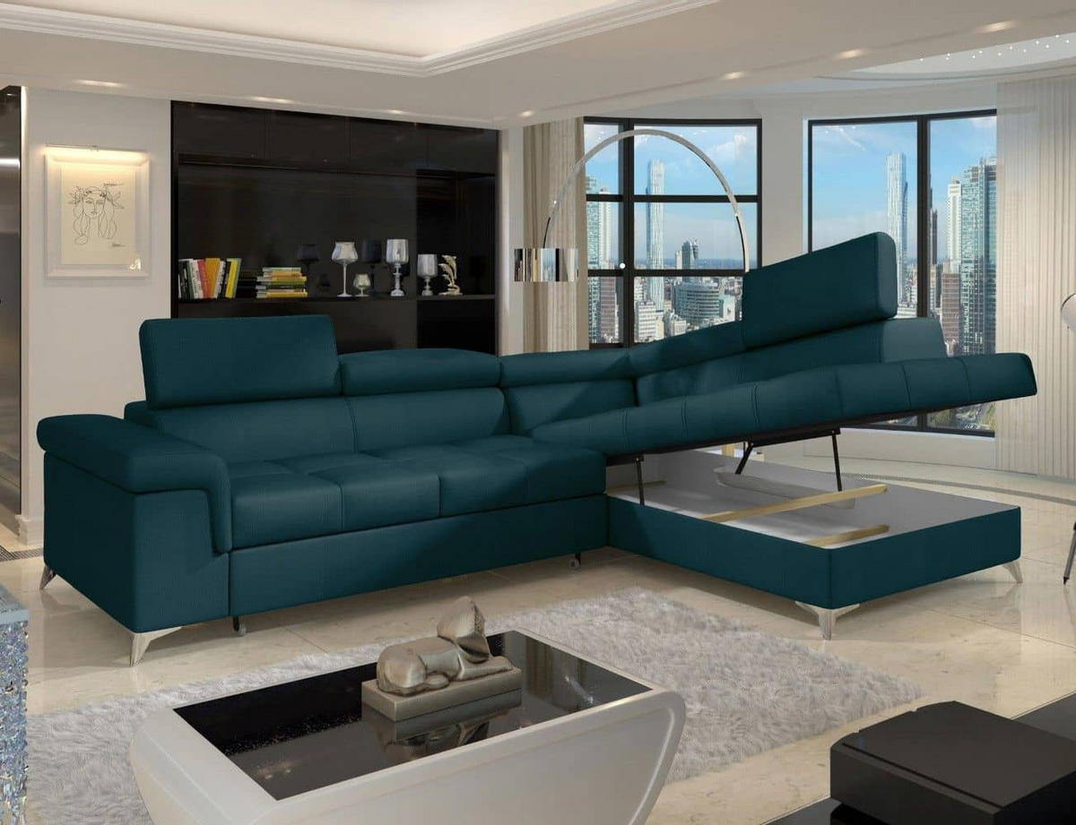 ECKSOFA mit Schlaffunktion und Bettkasten, pflegeleichter Monolith-Stoff - Chromfarben/Dunkelblau, Textil/Metall (202/275cm) - Eltap