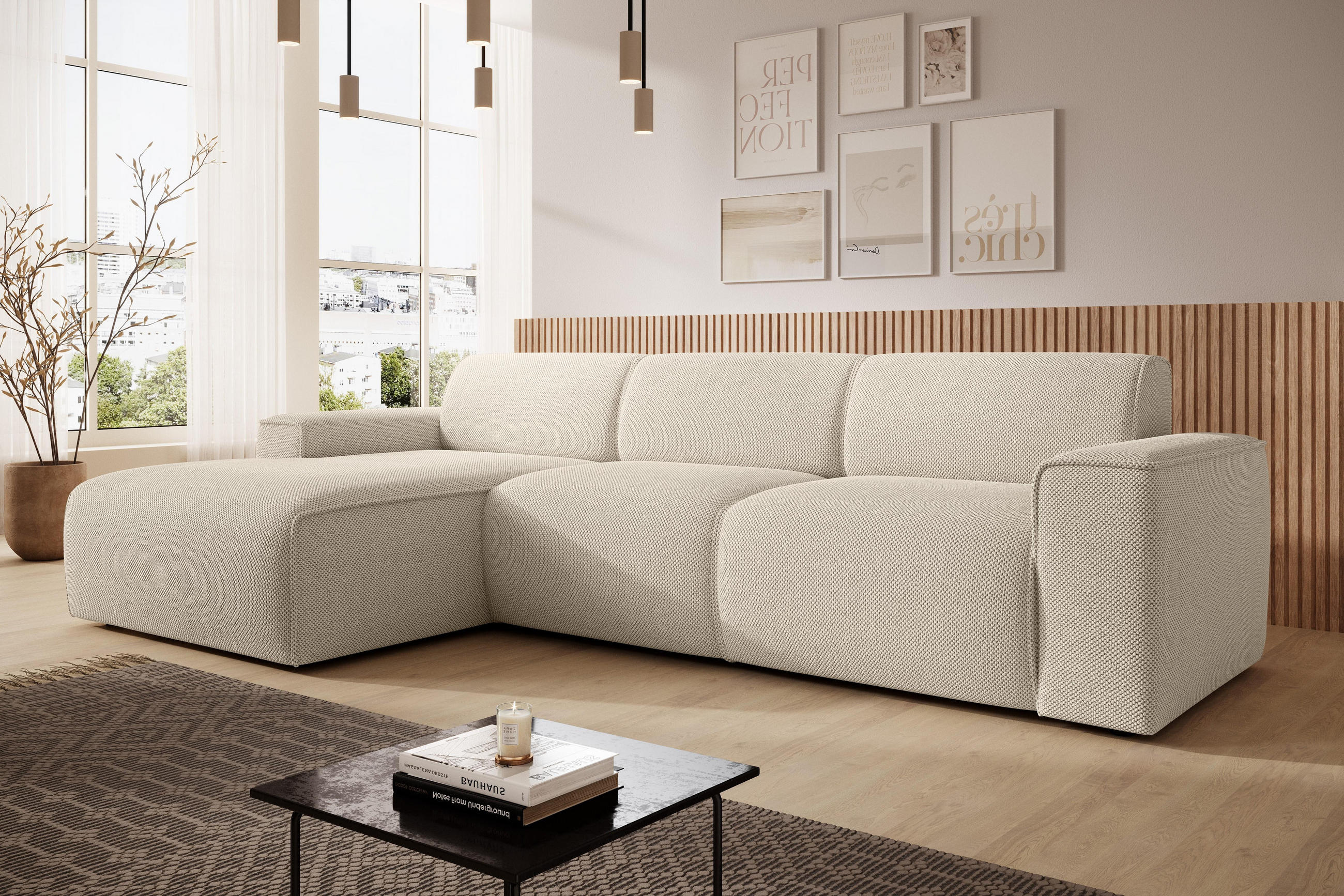 ECKSOFA L Form Didim mini Beige 310/165/78 cm – stilvolle kleine Eckcouch L - Beige/Schwarz, Kunststoff/Textil (165/310cm) - AX Living