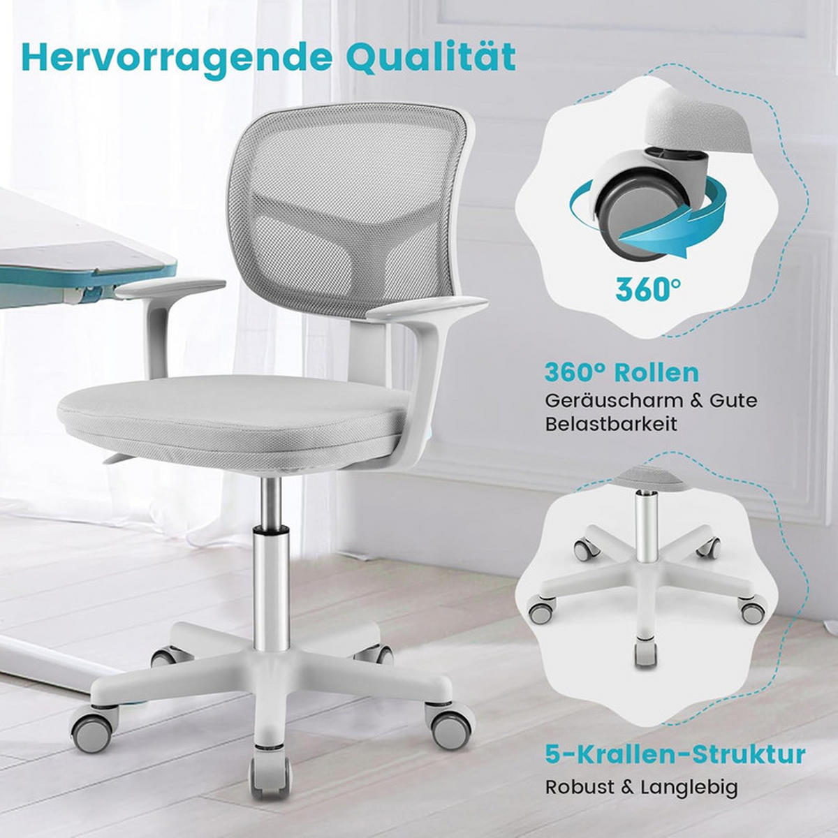 KINDER‑BÜROSTUHL 360°drehbar grau - Grau, Kunststoff (54/80/54cm) - COSTWAY