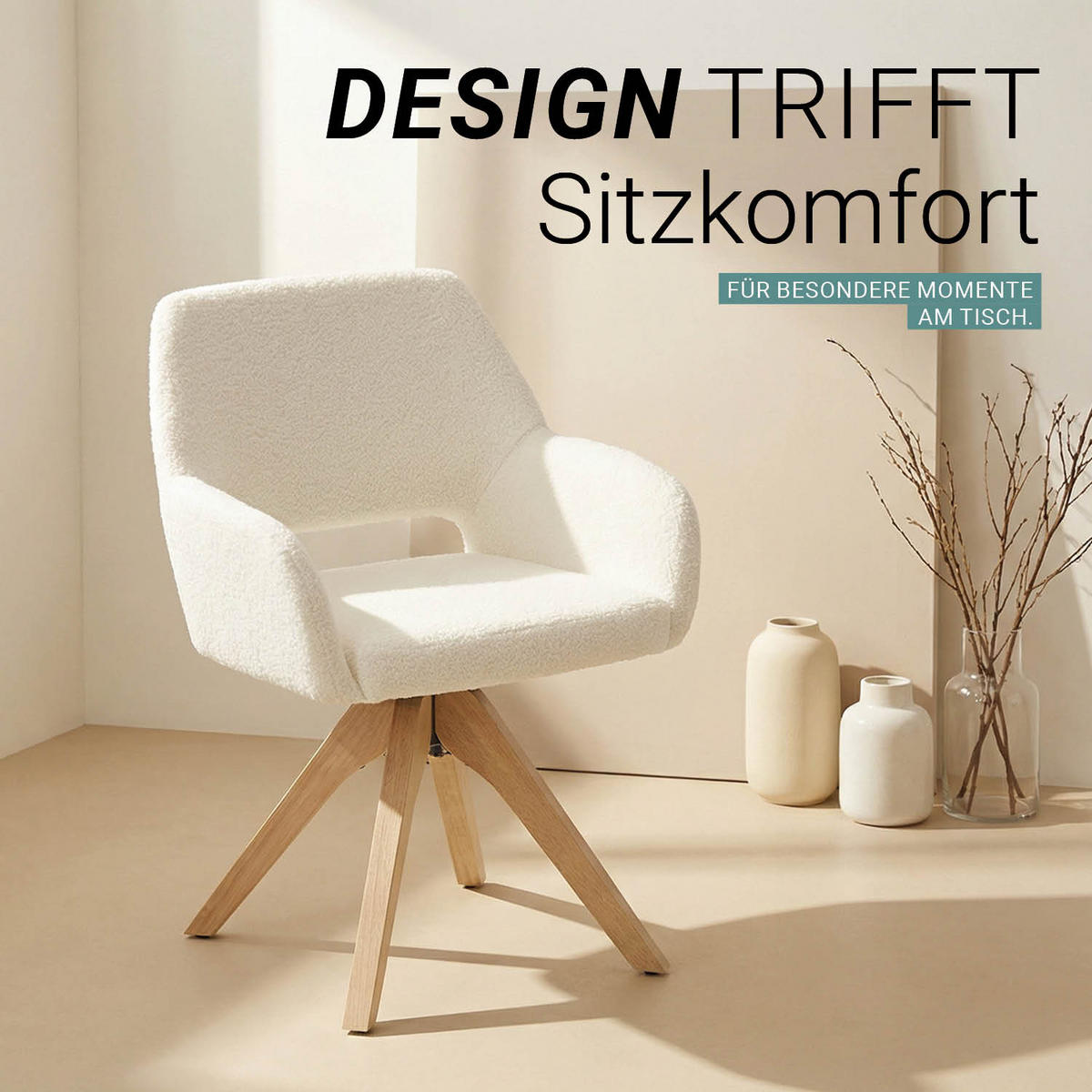 ARMLEHNENSTUHL in Weiß 6 Stück drehbar - Naturfarben/Weiß, Holz/Textil (57/82/53cm) - Homestyle4u