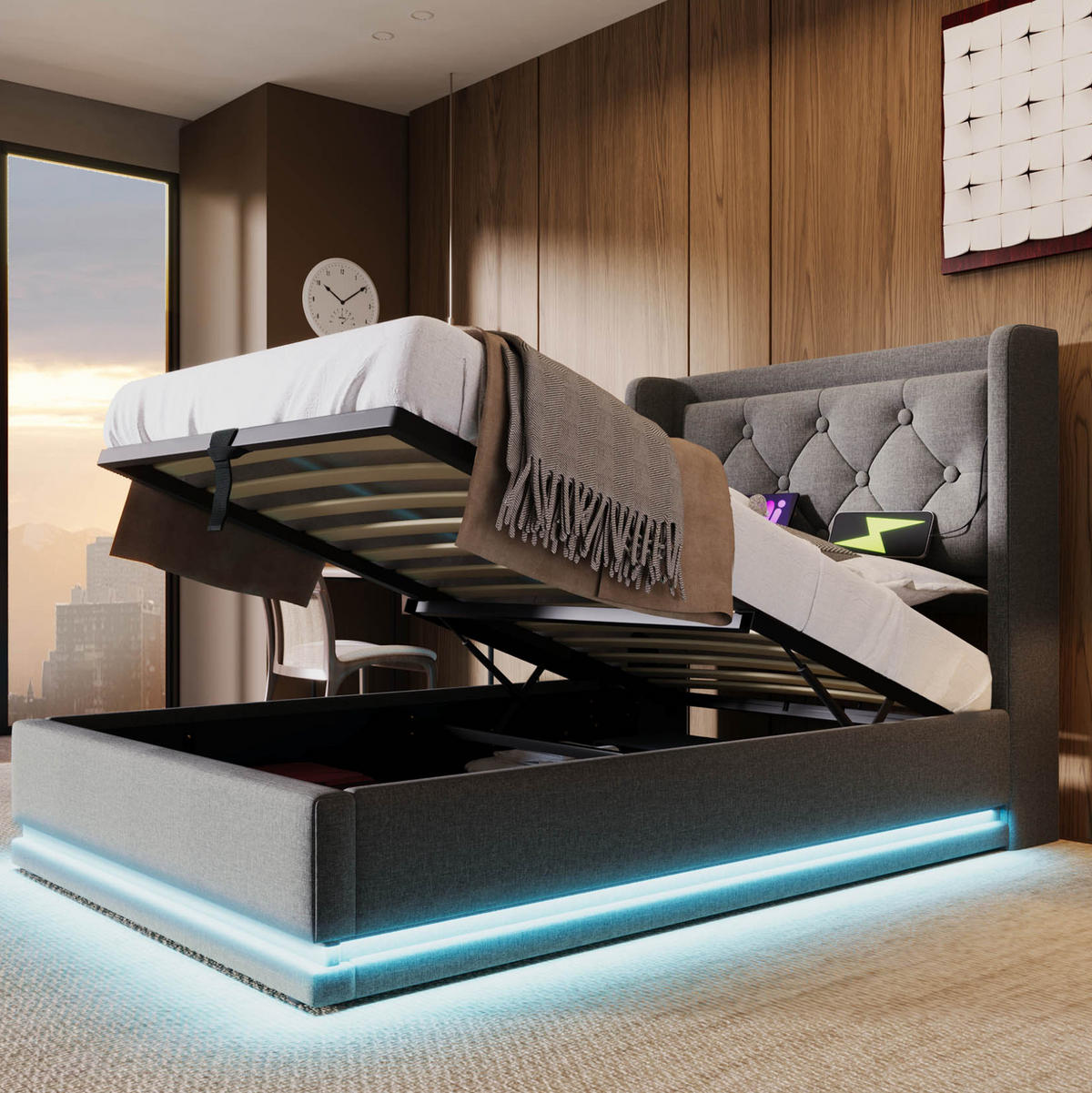 POLSTERBETT aus Baumwolle 90x200 cm in Grau mit LED & USB Typ-C - Grau, Textil (90/200cm) - Modfu