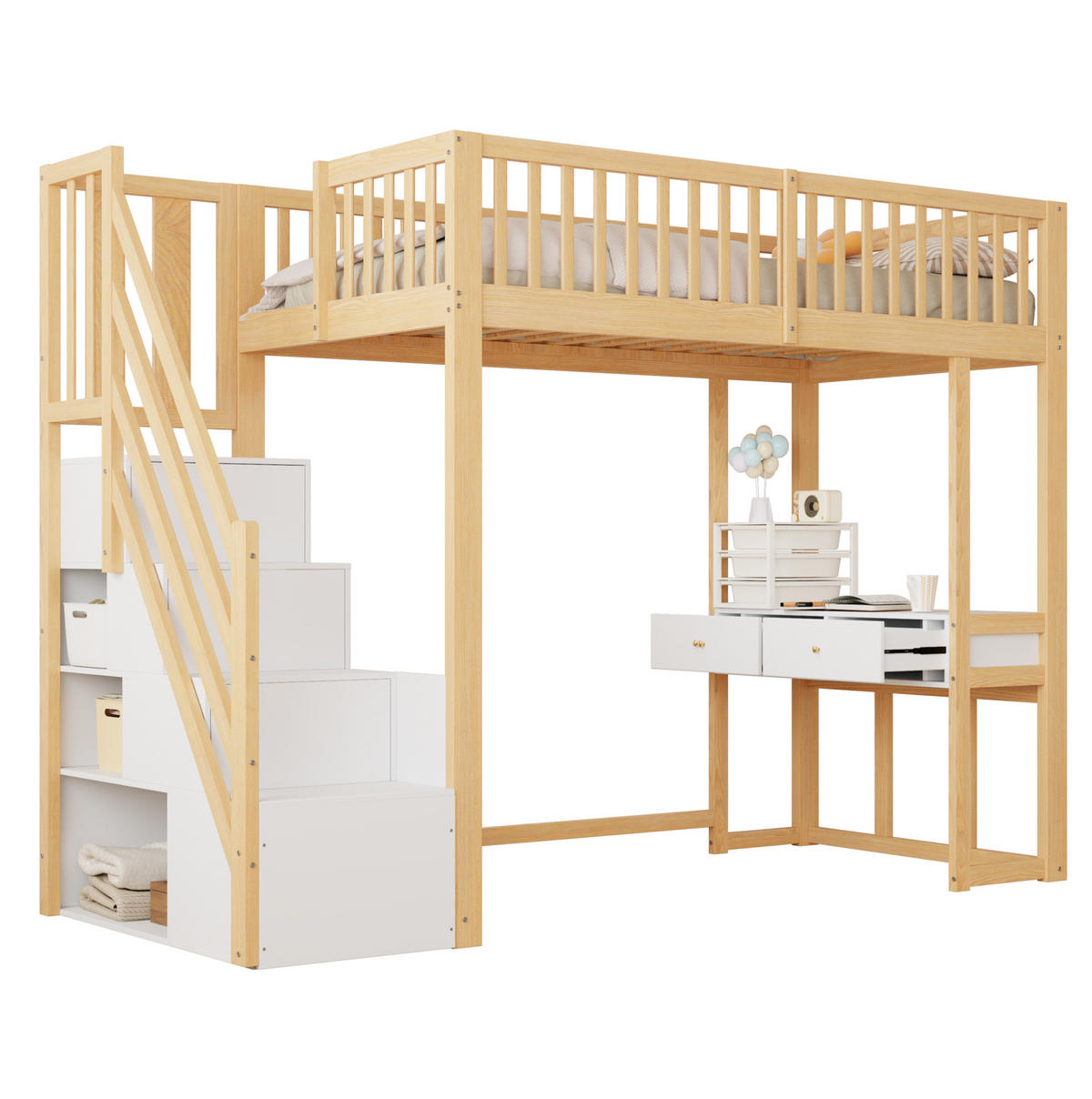 HOCHBETT 90/200 cm aus Kiefer, Sperrholz und MDF mit Tisch und Aufbewahrungstreppe Weiß/Lichteiche - Eichefarben, Holz (90/200cm) - Modenvie