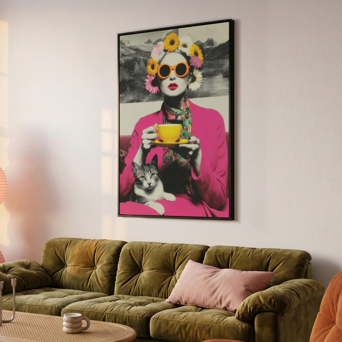 LEINWAND Bilder mit Rahmen - Frau - Katze - Blumen - Tasse - Retro - 80x120 - Magenta, Textil (80/120cm) - MuchoWow