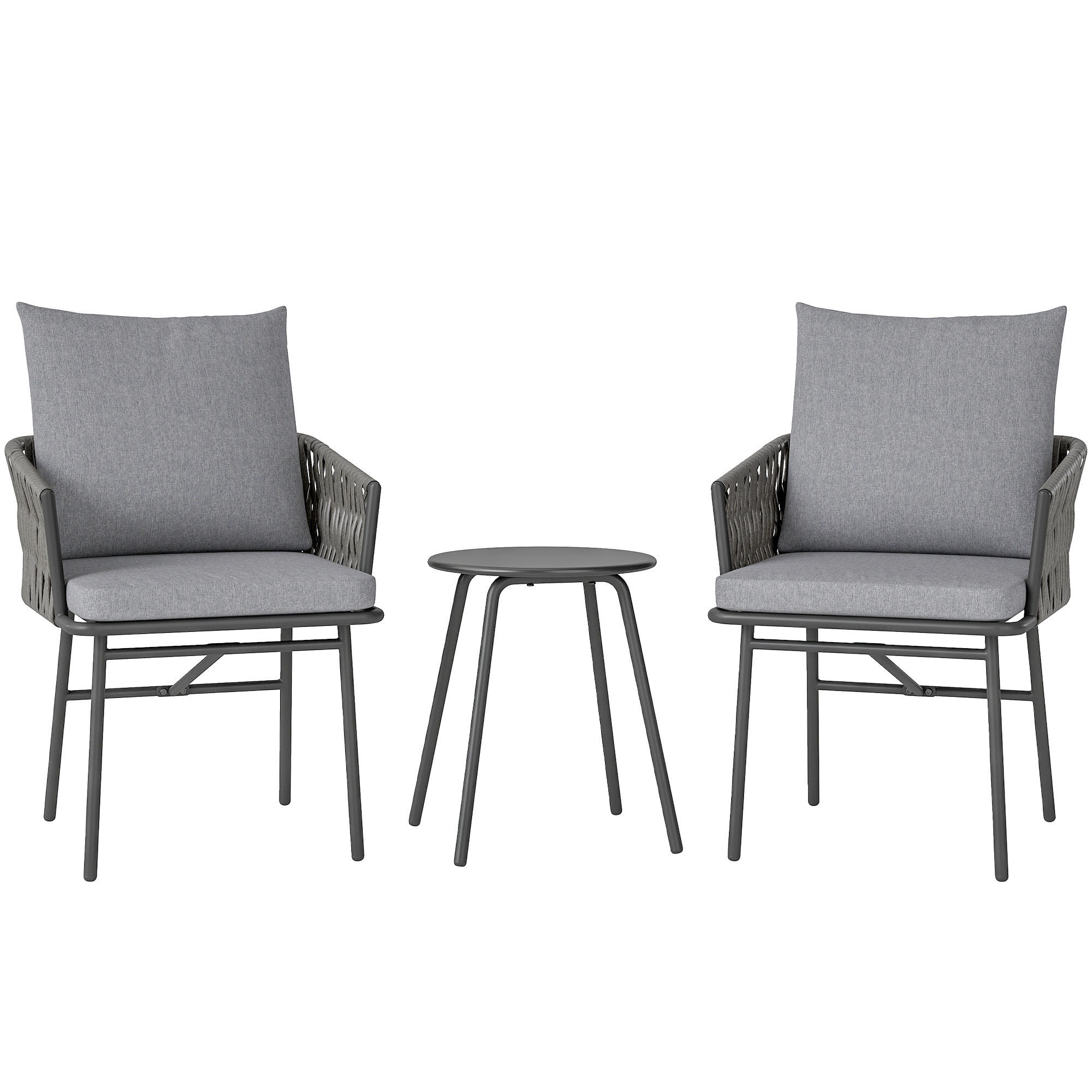3-TLG. Rattan Bistroset, Sitzgruppe, mit 2 Gartensesseln, Couchtisch, Kissen - Grau, Textil/Metall - Outsunny