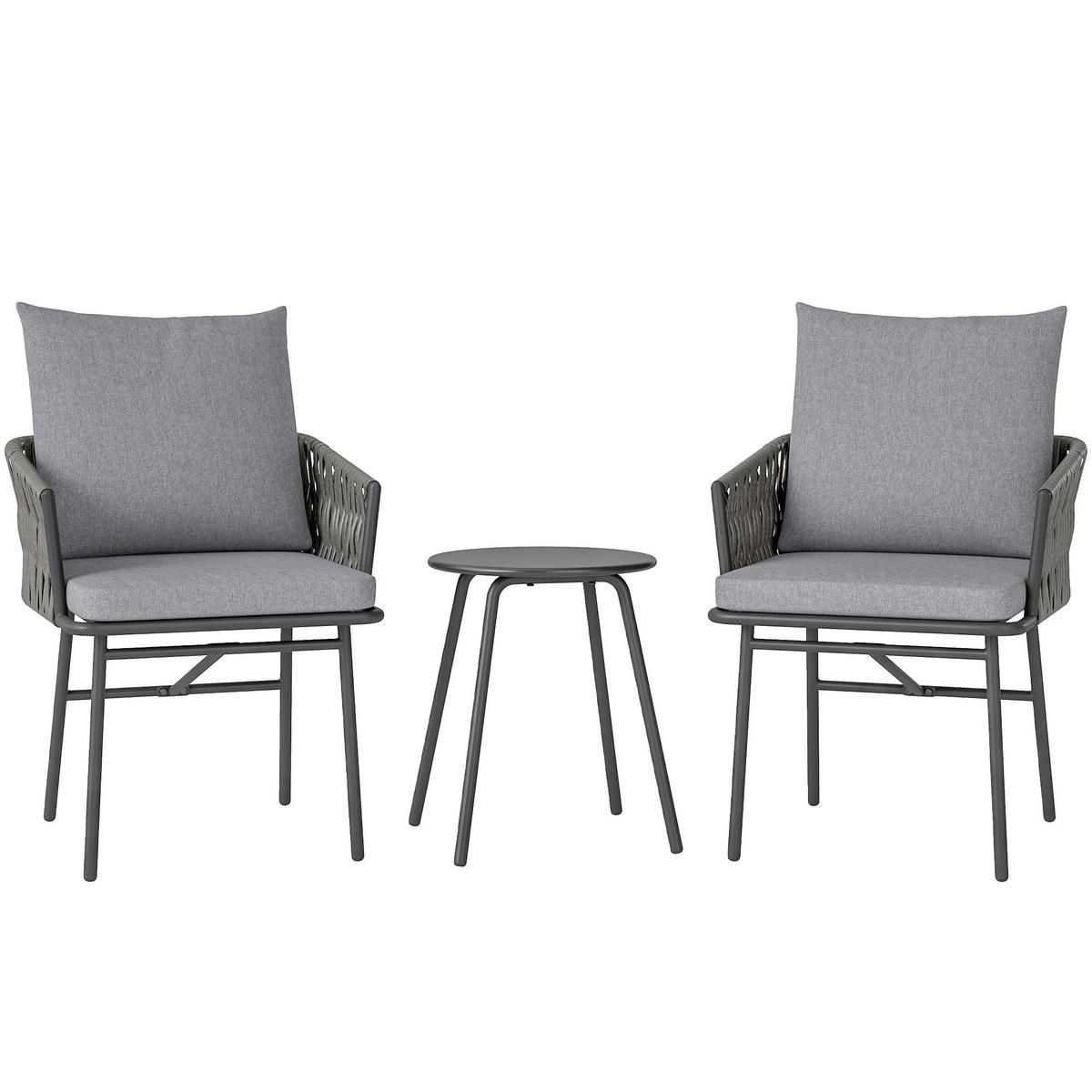 3-TLG. Rattan Bistroset, Sitzgruppe, mit 2 Gartensesseln, Couchtisch, Kissen - Grau, Textil/Metall - Outsunny