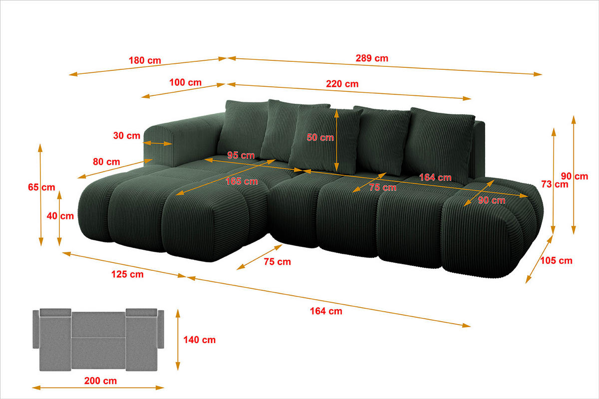 ECKSOFA Ottomane Links CLOUD-L-v1 289x180x40 Grün Cord - Grün, Holzwerkstoff/Kunststoff (180/289cm) - ALTDECOR