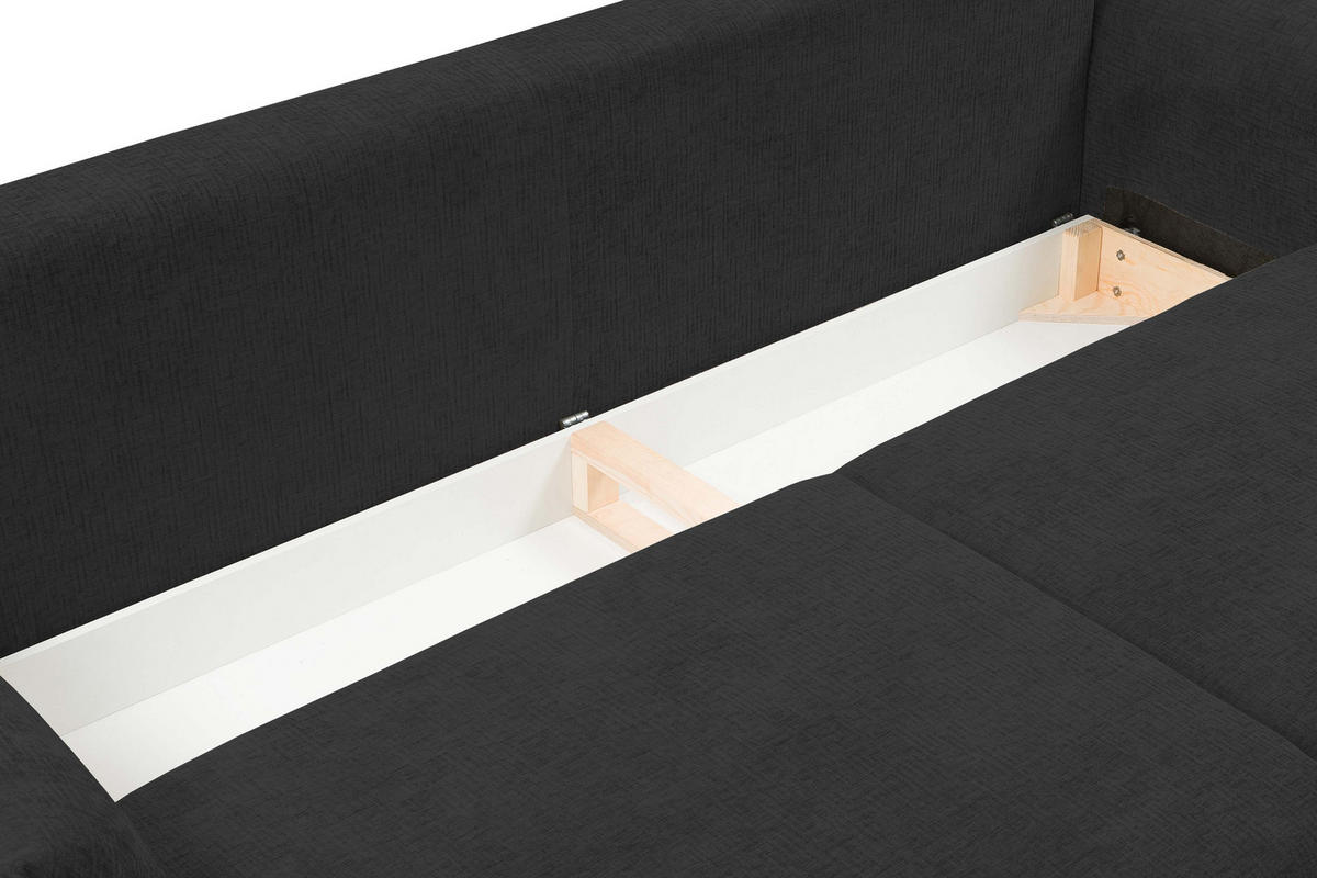 SOFA ADEL - Schlaffunktion Und Bettkasten, Wellenfederung, PUR-Schaum, Schwarze Metallfüße lose Rückenkissen, freistehend, 240x108x75 cm Dark grey - Dunkelgrau, Holz/Textil (240/75/108cm) - DomoHome