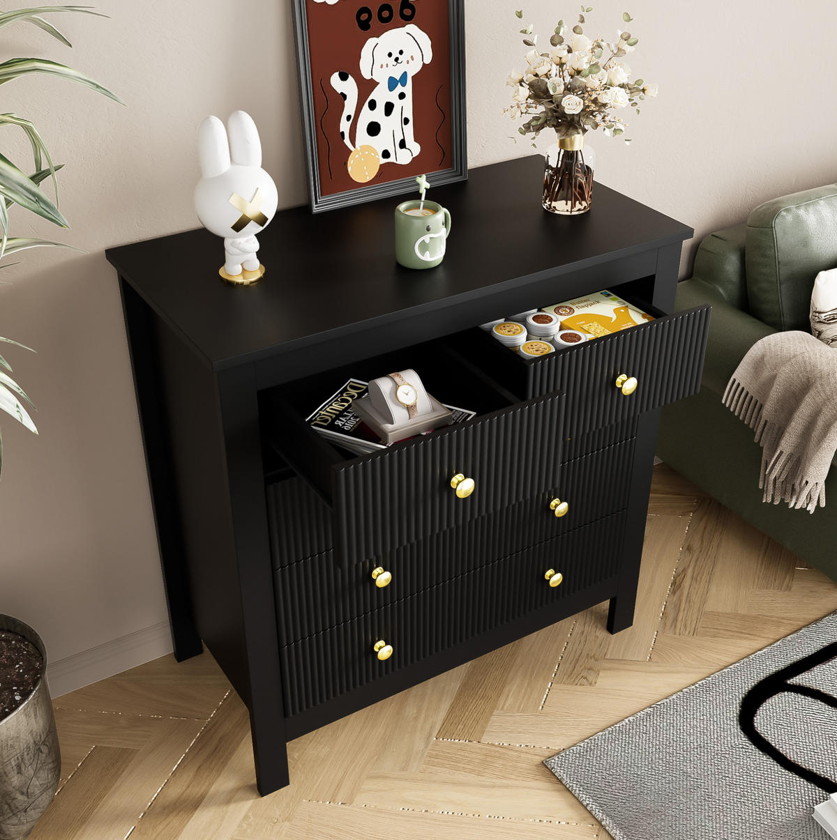 KOMMODE 79/39,5/80,5 cm aus Spanplatte mit 5 strukturierten Schubladen Schwarz - Schwarz, Holzwerkstoff (79/80.05/39.5cm) - Modenvie