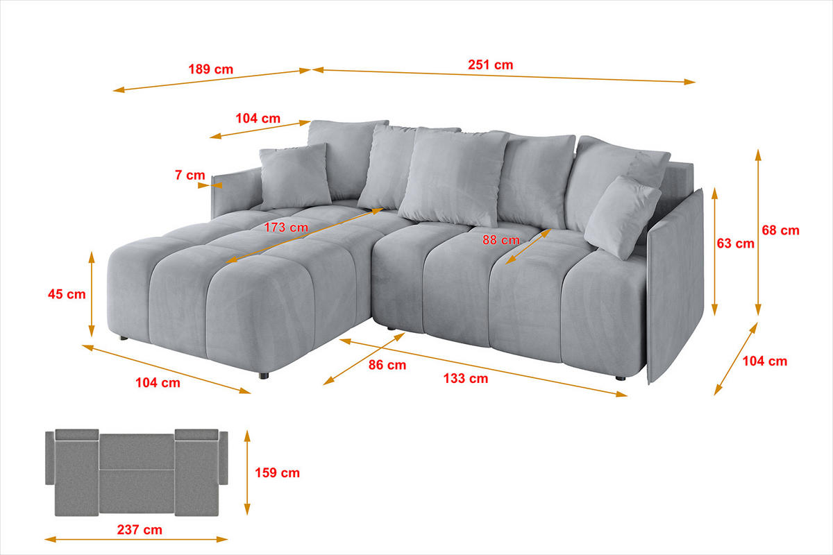 ECKSOFA Ottomane links LONLI-L 251x189x68 Titanfarben Velours - Titanfarben, Holzwerkstoff/Kunststoff (251/189cm) - ALTDECOR