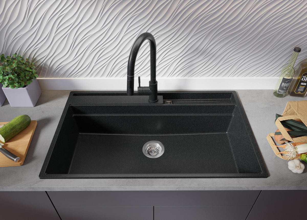 SPÜLBECKEN Oslo Pocket, 2-er set Anthrazit 88/53 cm 1 Becken + Ablauf-Set + Küchenzubehörset ab 90er Unterschrank - Chromfarben/Anthrazit, Kunststoff (88/20/53cm) - Primagran