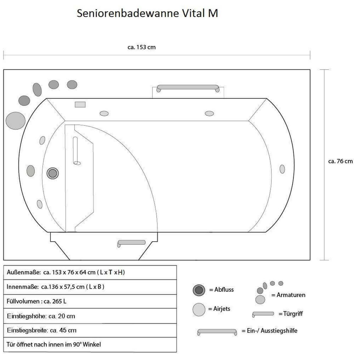 SENIORENBADEWANNE liegend mit Whirlpoolfunktion VITAL M - 153 x 76 cm Links - Weiß, Kunststoff (153/64/76cm) - Home Deluxe