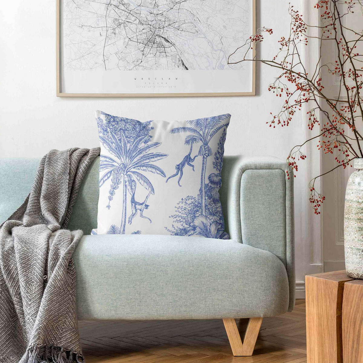 KISSENBEZUG Kupferstichanmutung - Affen in Blau 40/40 cm - Blau, Textil (40/40cm) - Bilderwelten