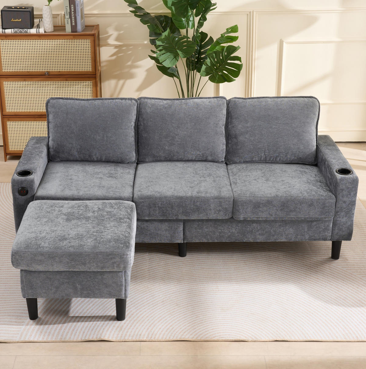 SOFA L-Form mit USB und Getränkehaltern 202 x 137 cm Leinen Grau - Grau, Textil (202/137cm) - IVMEU