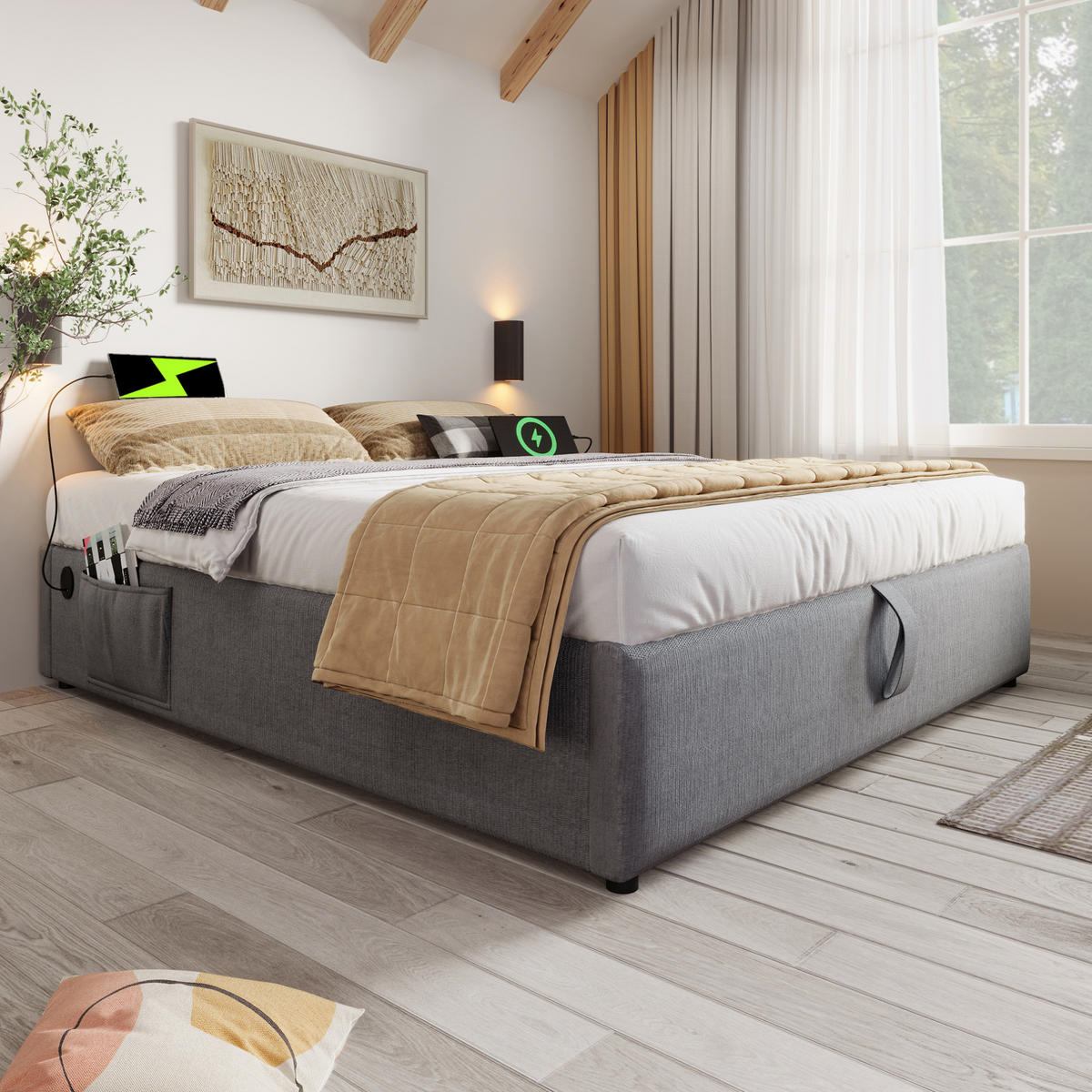 POLSTERBETT 160/200 cm mit USB-C, hydraulischem Stauraum und Voll -Bettboden aus Baumwoll-Leinen, Grau - Grau, Textil (160/200cm) - Redom
