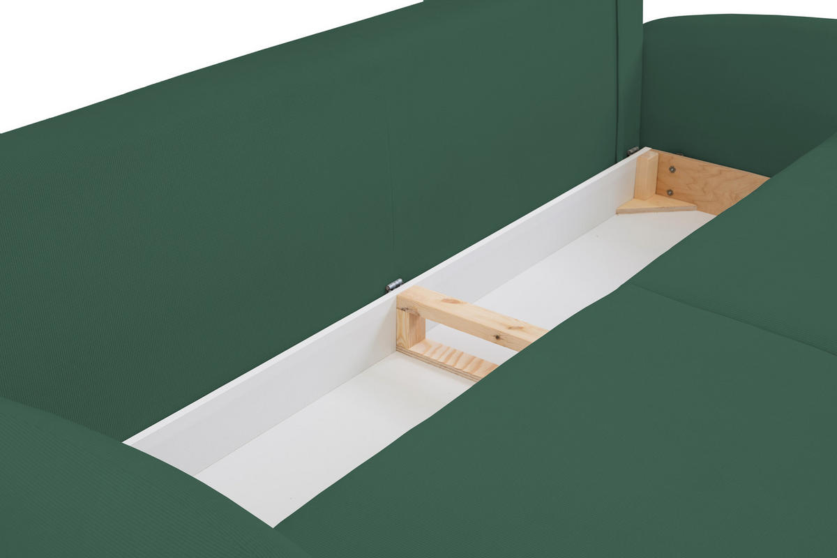 SOFA SOFT RunAgin Mit Schlaffunktion Und Bettkasten, PUR-Schaum, Schwarze Kunststofffüße, lose Rückenkissen, freistehend, 232x109x95 cm Green - Grün, Holz/Textil (232/95/109cm) - DomoHome