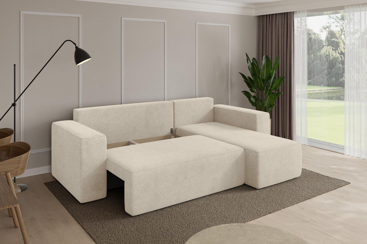 ROHOVÁ SEDAČKA s funkcí spaní, otoman vpravo SENO-L 249x139x85 krémová velur - černá/krémová, kompozitní dřevo/textil (249/139cm) - ALTDECOR