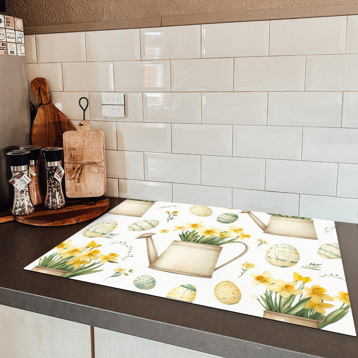 HERDABDECKPLATTE Gießkanne - Blumen - Eier Herdabdeckung Induktionsfeld 75x52 cm - Weiß, Kunststoff (75/52/0.2cm) - MuchoWow