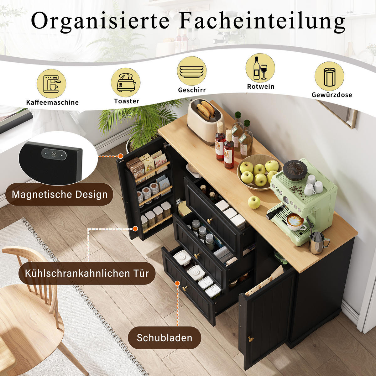 SIDEBOARD mit 3 Schubladen und Küchentüren, Schwarz - Schwarz, Holzwerkstoff (126/86/40cm)
