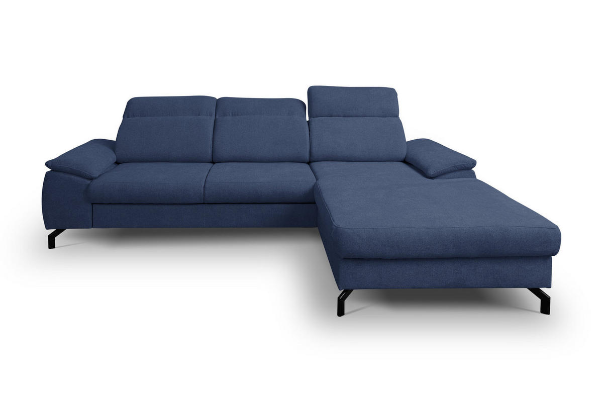 ECKSOFA MALIBU mit Schlaffunktion und Bettkasten, Farbe: Blau , Velourstoff, Ottomane Rechts - Blau, Textil (276/184cm) - VENASI MÖBEL