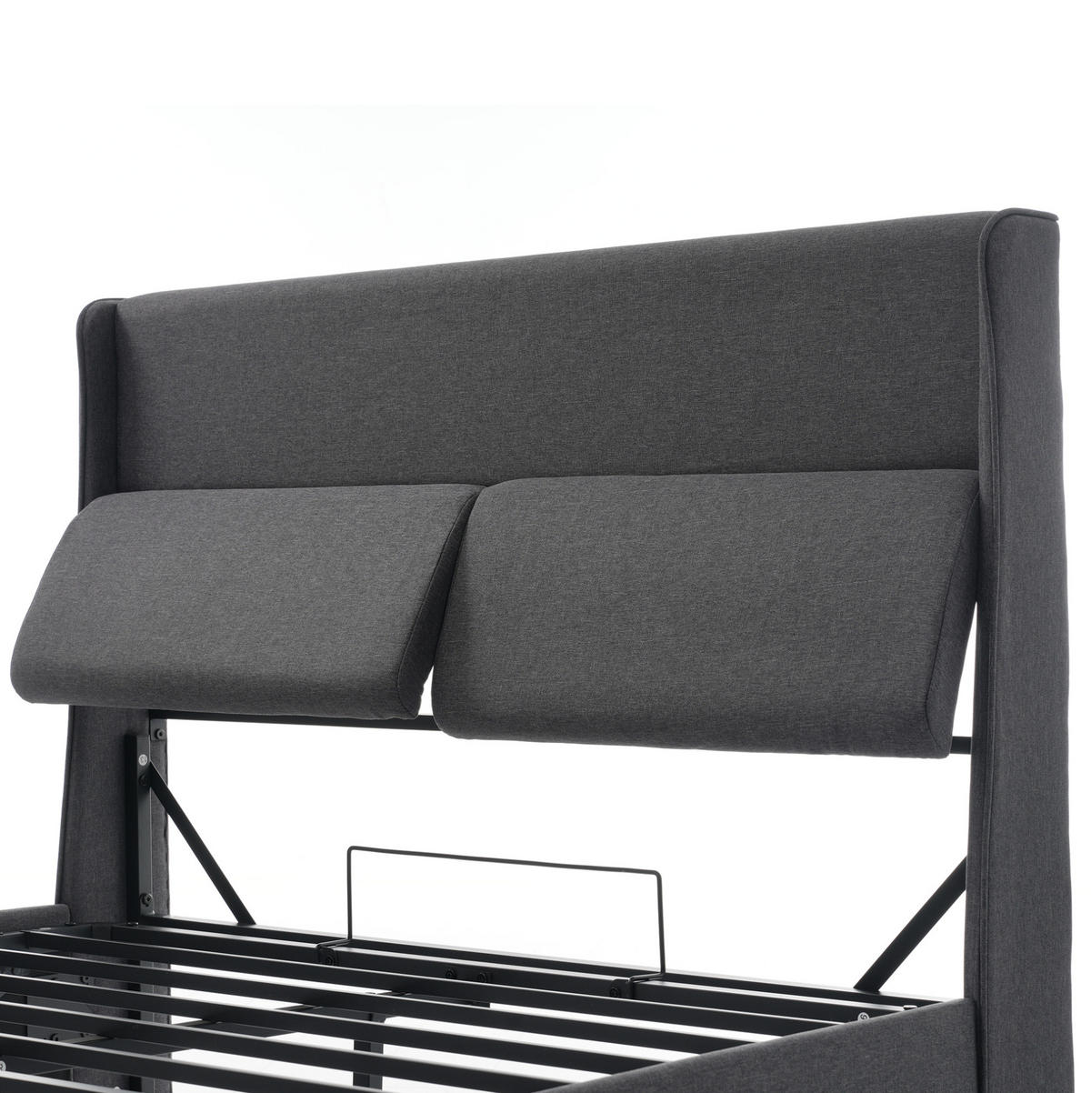 ČALÚNENÁ posteľ 140/200 cm sivá s úložným priestorom a nastaviteľným čelom z ľanovej tkaniny - sivá, textil (140/200cm) - OKWISH