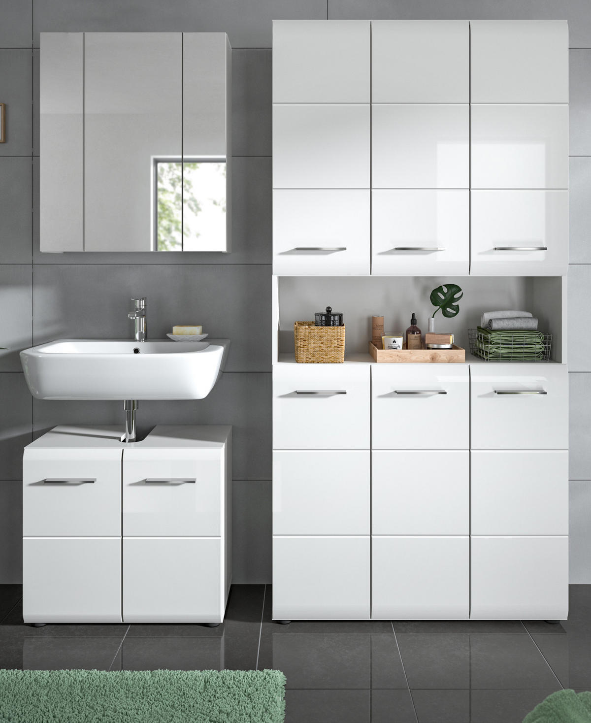 BADMÖBEL SET 3-teilig in weiß Hochglanz Badkombination 165 x 185 cm Cover - Weiß Hochglanz/Silberfarben, Holzwerkstoff/Kunststoff (165/185/30cm) - Inn.Furn