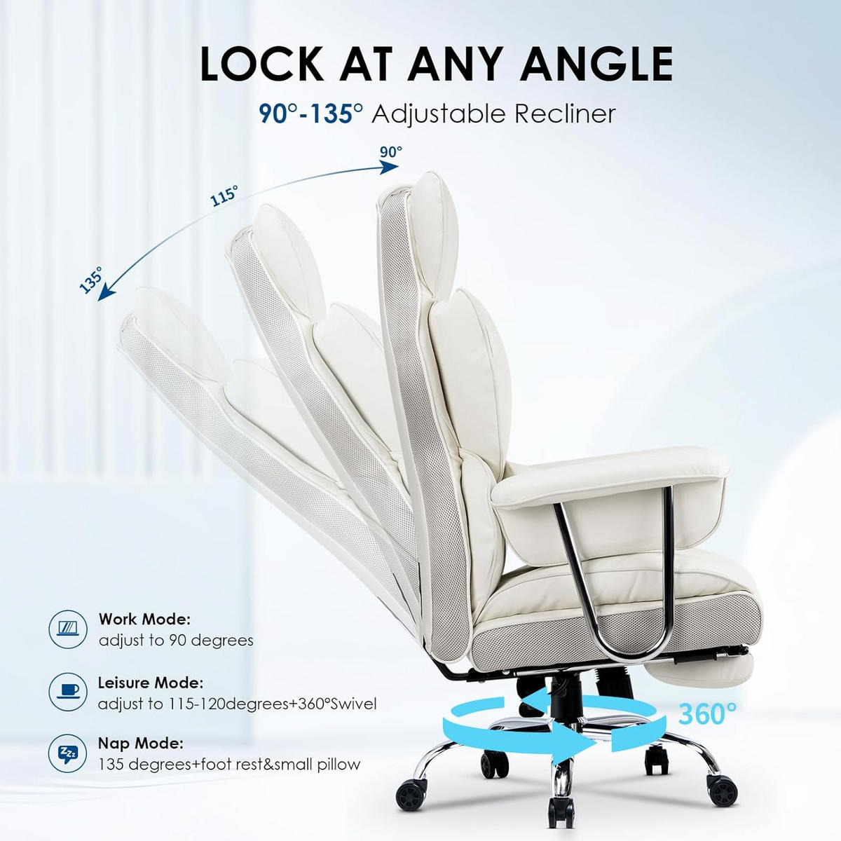 CHEFSESSEL ergonomisch, Leder, Fußstütze – Weiß - Weiß, Metall (58/128/50cm) - Rattantree