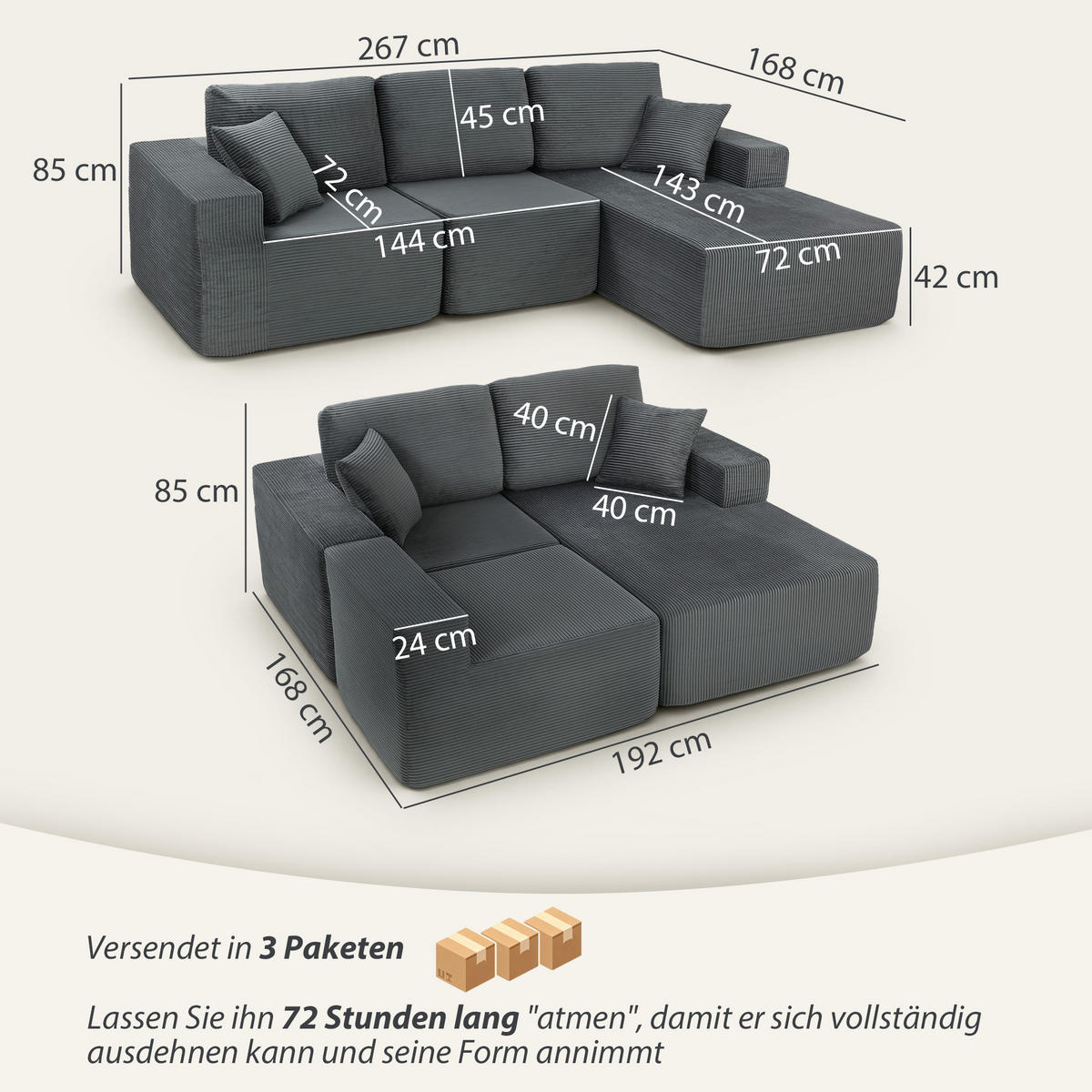 ECKSOFA 3er Set Cord Schaumstoff Dunkelgrau - Dunkelgrau, Textil (168/267cm) - HOMCOM