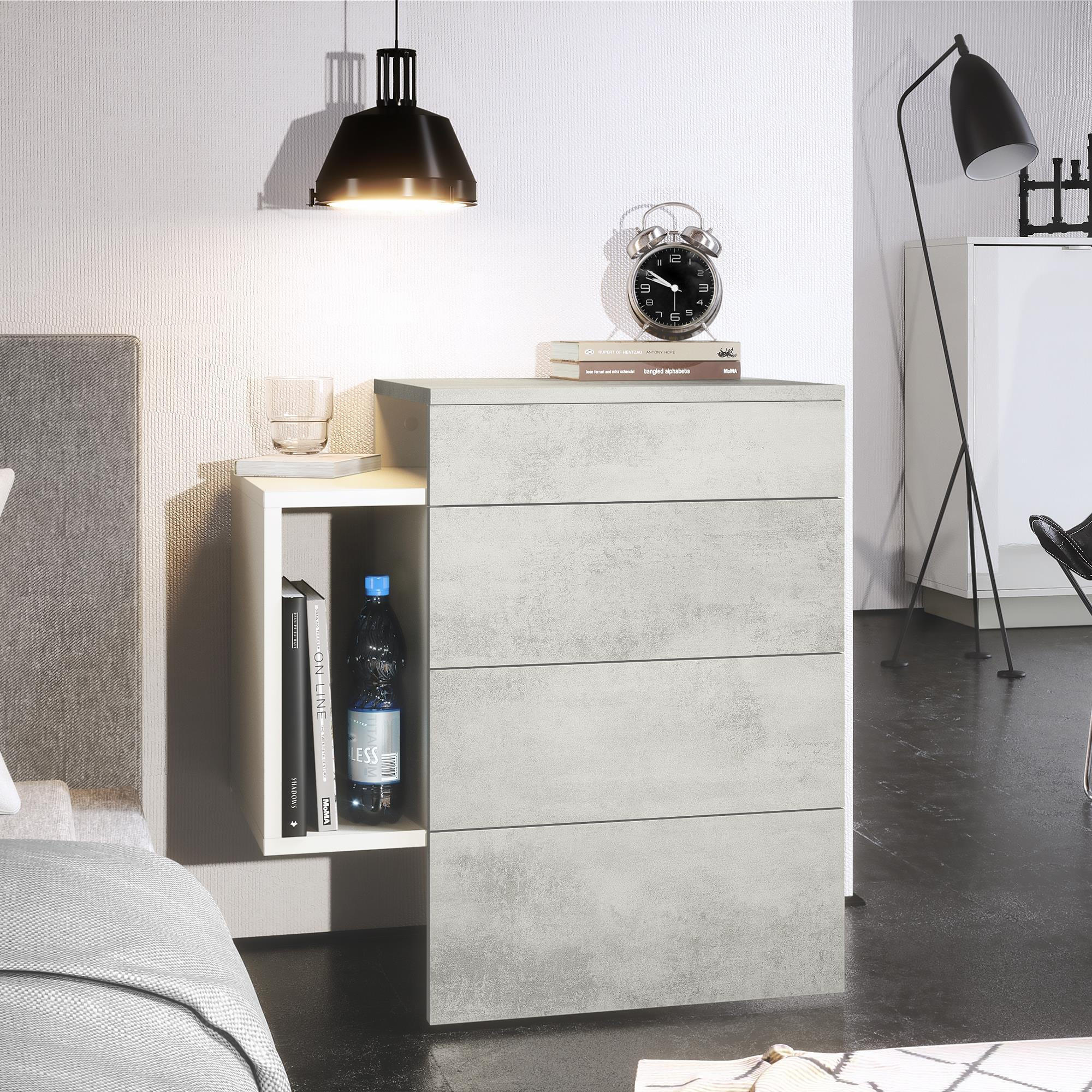 NACHTTISCH Queens Front in Beton Oxid Optik - Hellgrau, Holzwerkstoff (60/63/36cm) - Vladon