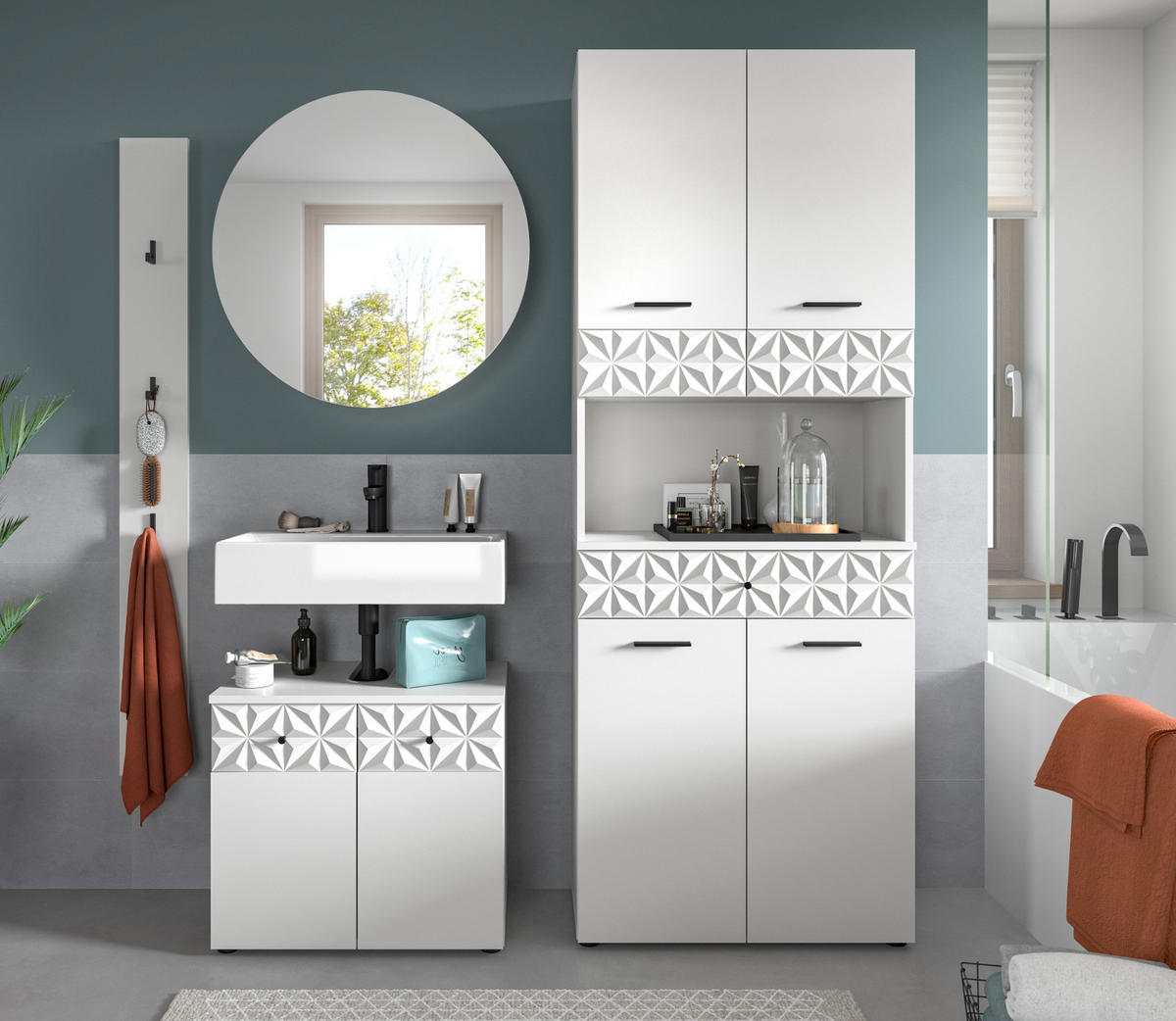 BADMÖBEL-SET weiß Hochglanz 4-teilig 186 cm, Komplettset mit 3D-Struktur - Weiß Hochglanz, Glas/Holzwerkstoff (186/187/37cm) - Inn.Furn