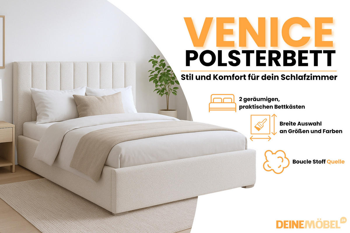 POLSTERBETT VENICE 200/200 in Boucle Ecru - Ecru, Holz/Holzwerkstoff (200/200cm) - Deine Möbel 24