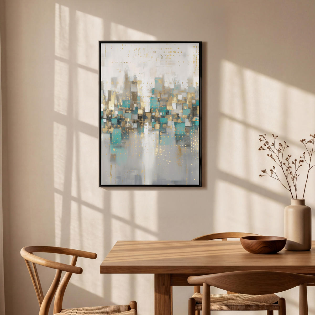 LEINWAND Bilder mit Rahmen - Abstrakt - Blöcke - Gold - Skyline - 60x90 - Beige, Textil (60/90cm) - MuchoWow