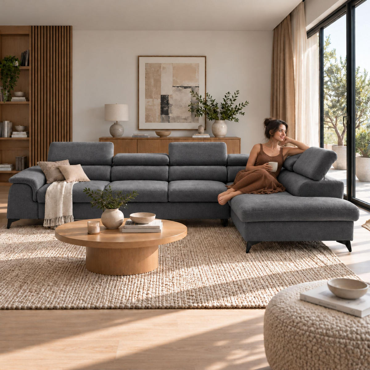 ECKSOFA PLAZA MAXI Rechts mit Schlaffunktion 127x195 Velours Dunkelgrau - Dunkelgrau/Schwarz, Holz/Textil (203/350cm) - Muffo
