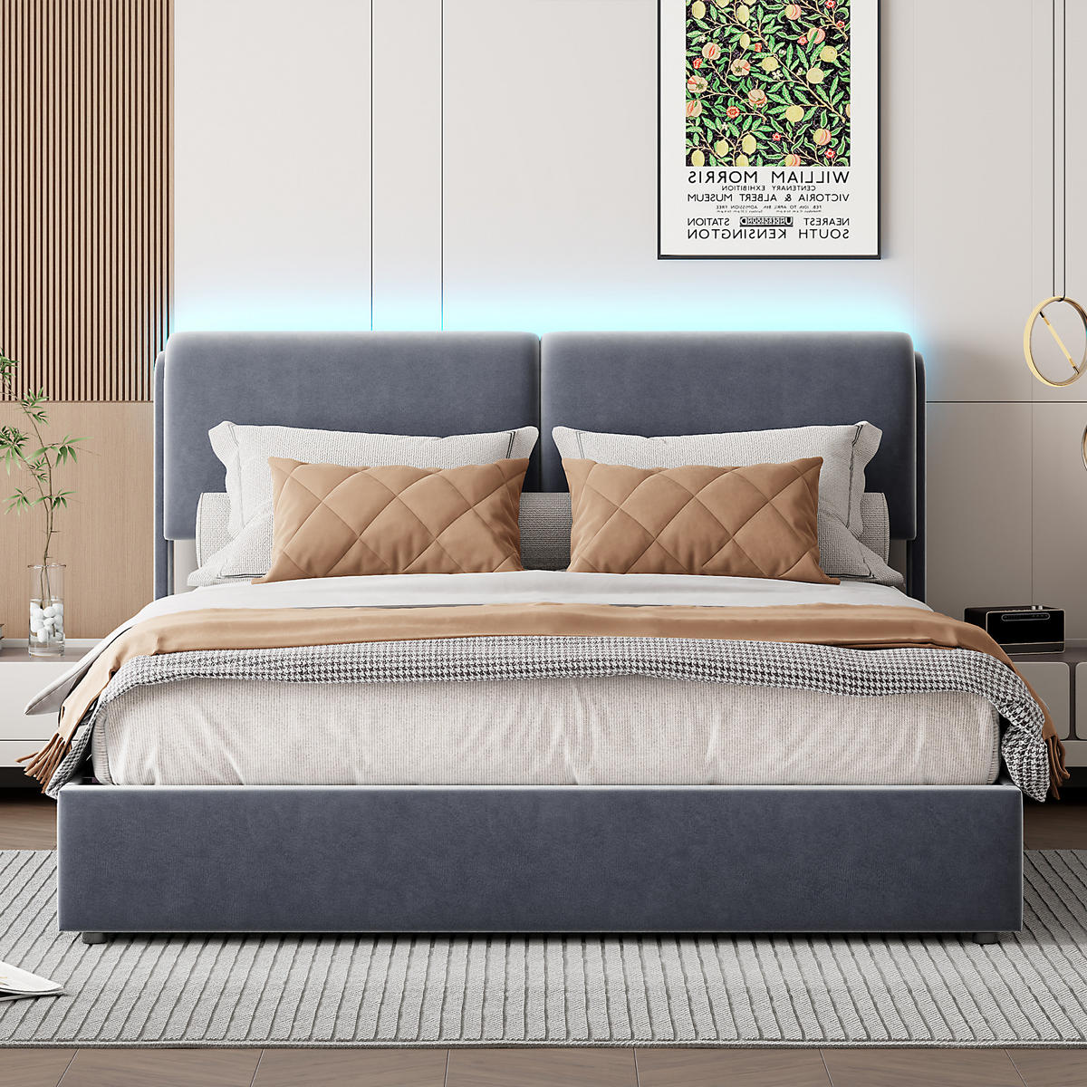 POLSTERBETT 140x200 cm, Grau, LED-Beleuchtung - Grau, Textil/Metall (140/200cm)