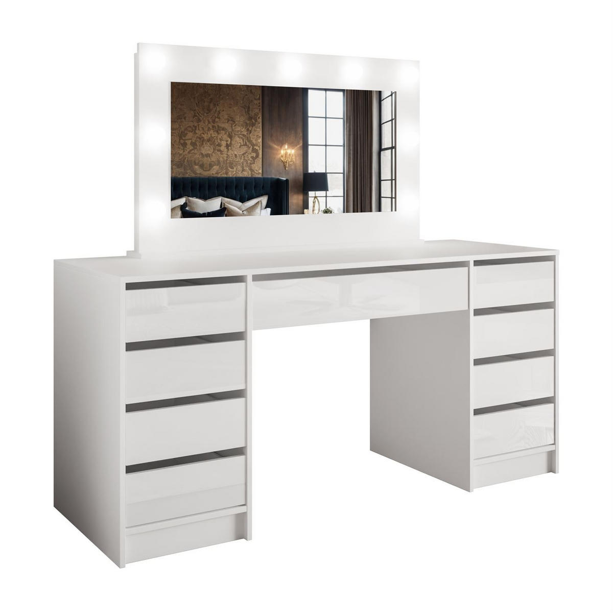 SCHMINKTISCH MADA DOUBLE mit LED-Beleuchtung - Weiß, Holzwerkstoff (152/75/55cm) - Lookway