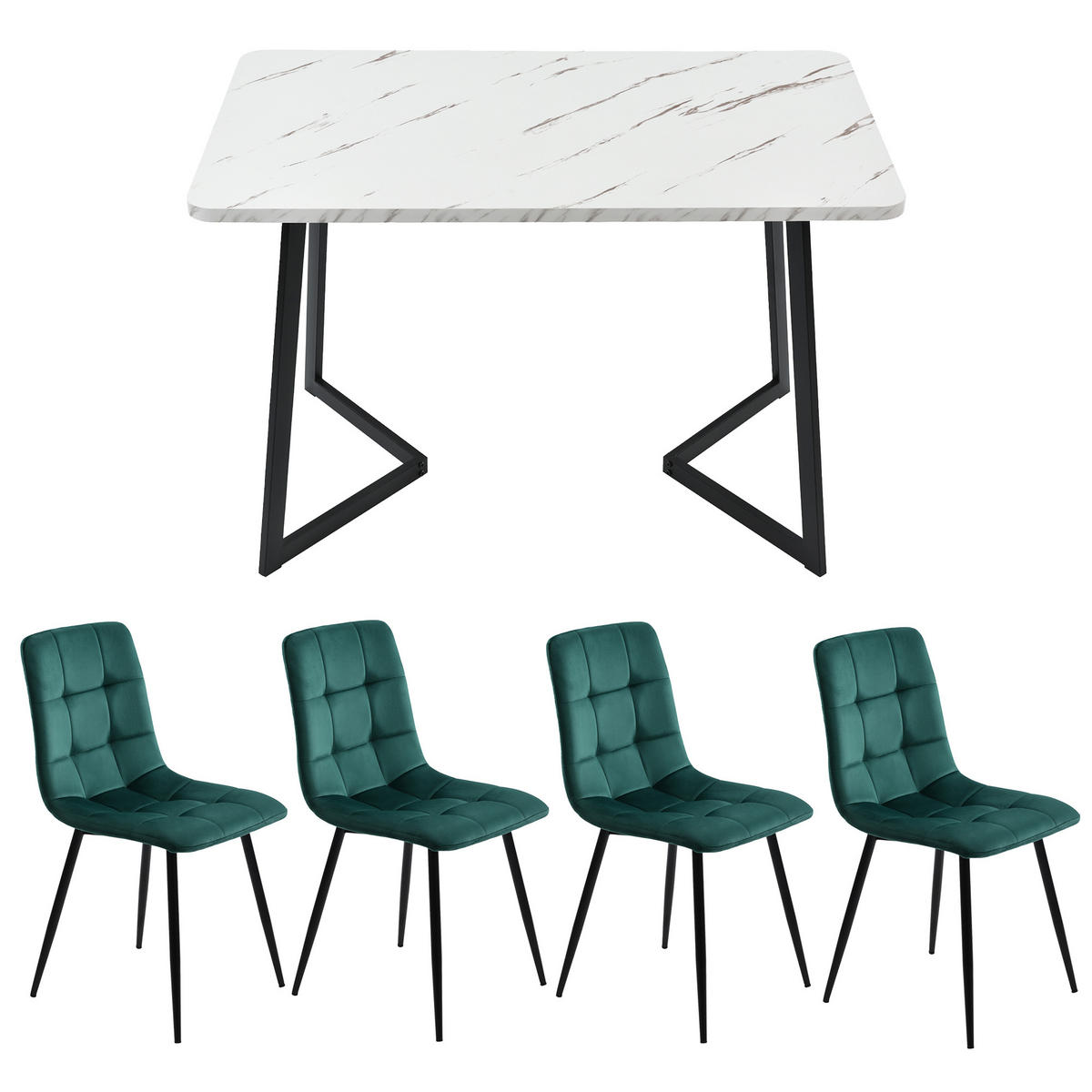 ESSTISCH Set 117x68x75 mit einem Tisch und vier samtgepolsterten Stühlen für Esszimmer Küche und Wohnraum, weiß-grün - Grün, Holzwerkstoff (68/75/117cm) - Luhomfu