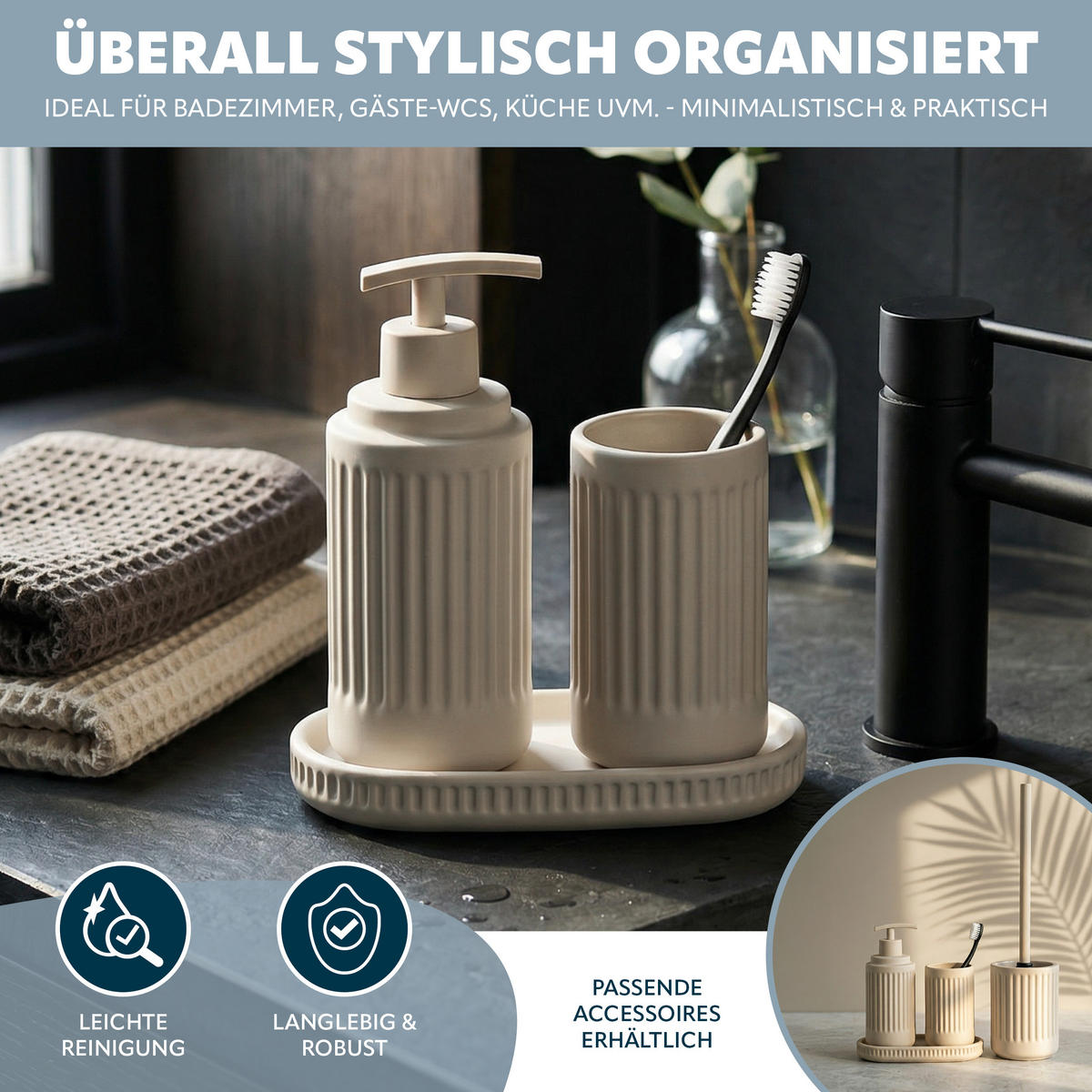 BAD-ACCESSOIRES-SET CASCINA, Soft-Touch, beige - Beige, Keramik (7/18/7cm) - eluno