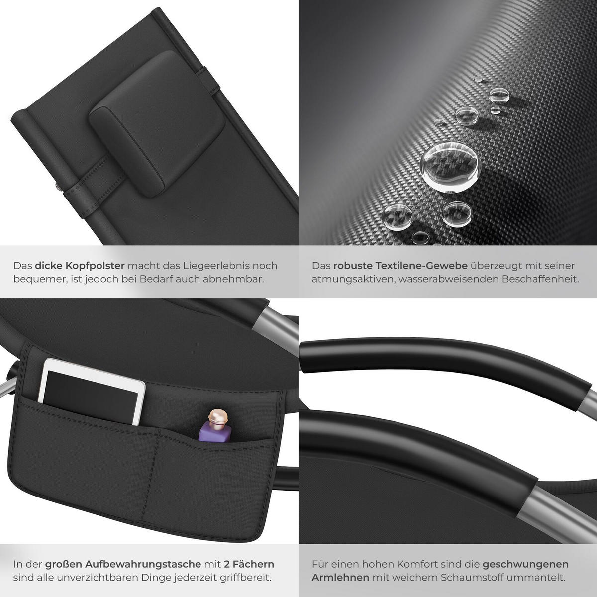 GARTENLIEGE Taya, abnehmbares Kopfpolster, seitliche Aufbewahrungstasche, schwarz - Schwarz, Kunststoff (62/92/142cm) - tectake