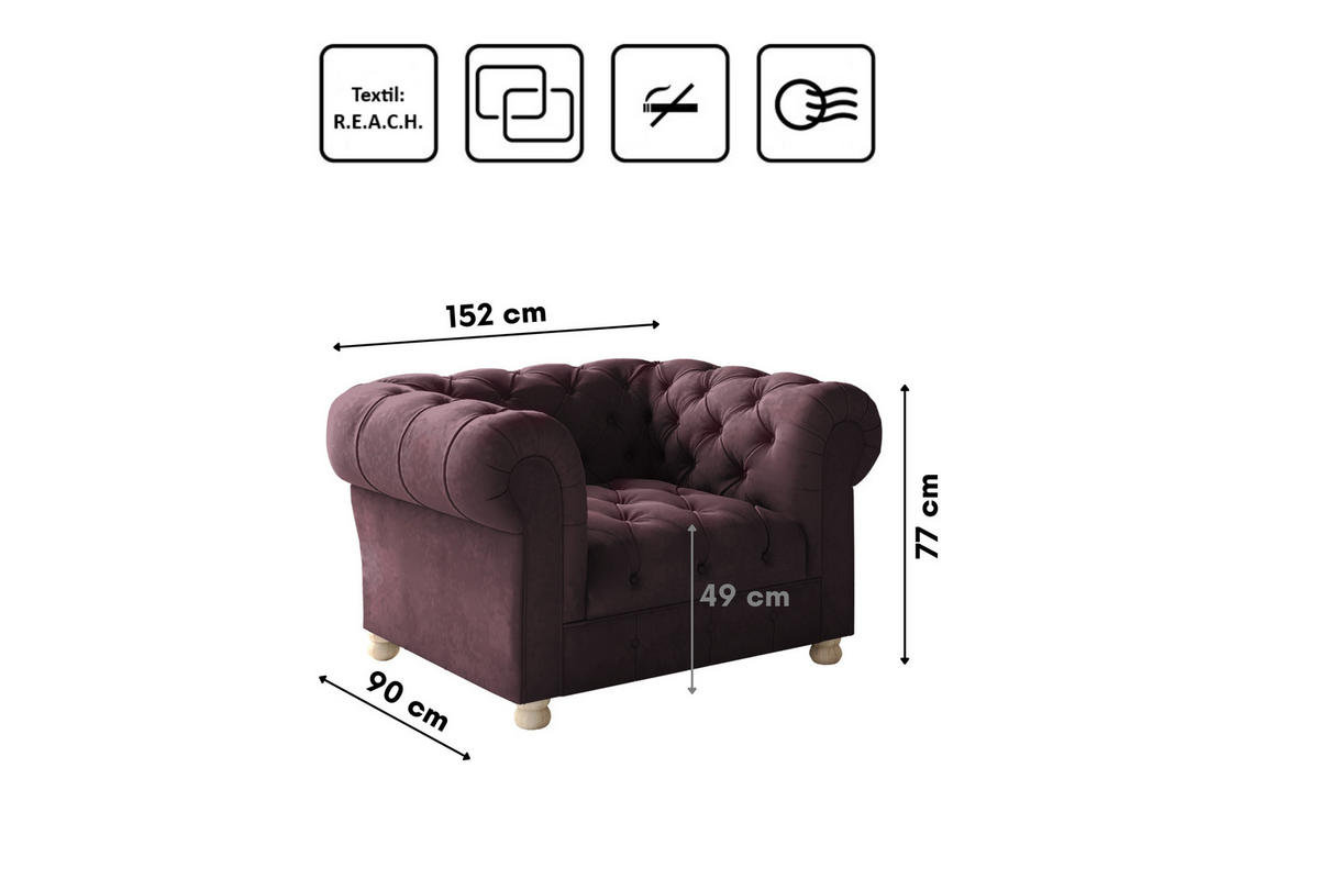 SITZGARNITUR CHESTERFIELD 2+1+1 Elegant Klassisch Schick Stoff Whisper Rotwein - Rot, Holz (152/77/90cm) - Kaiser Möbel