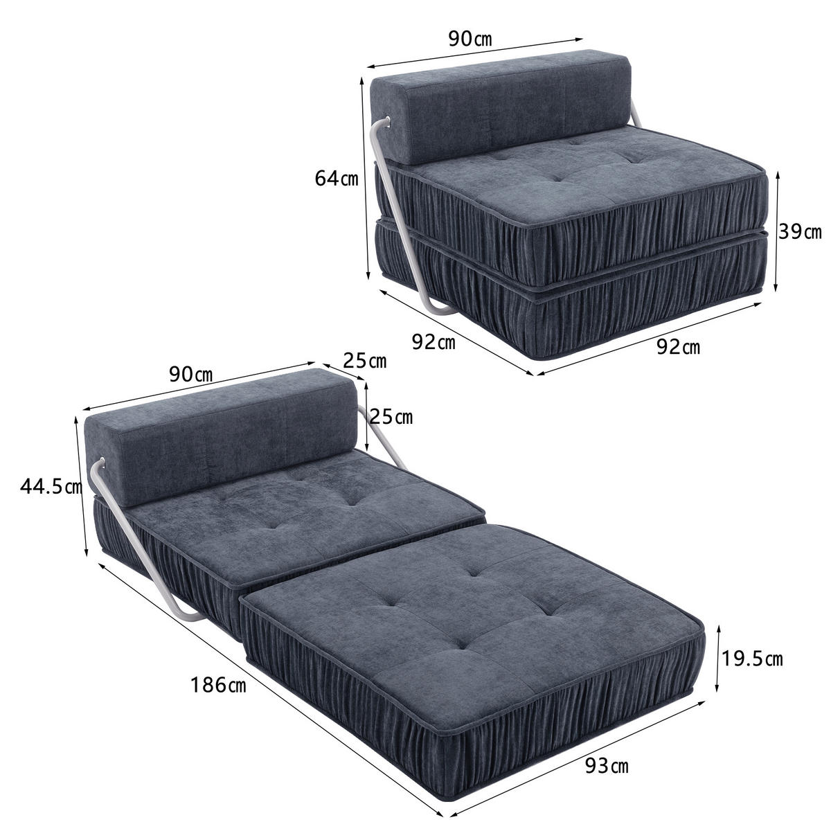 SCHLAFSESSEL DE-34989 2-in-1 mit Bettfunktion Grau - Grau, Metall (92/64/92cm) - ComfortXL