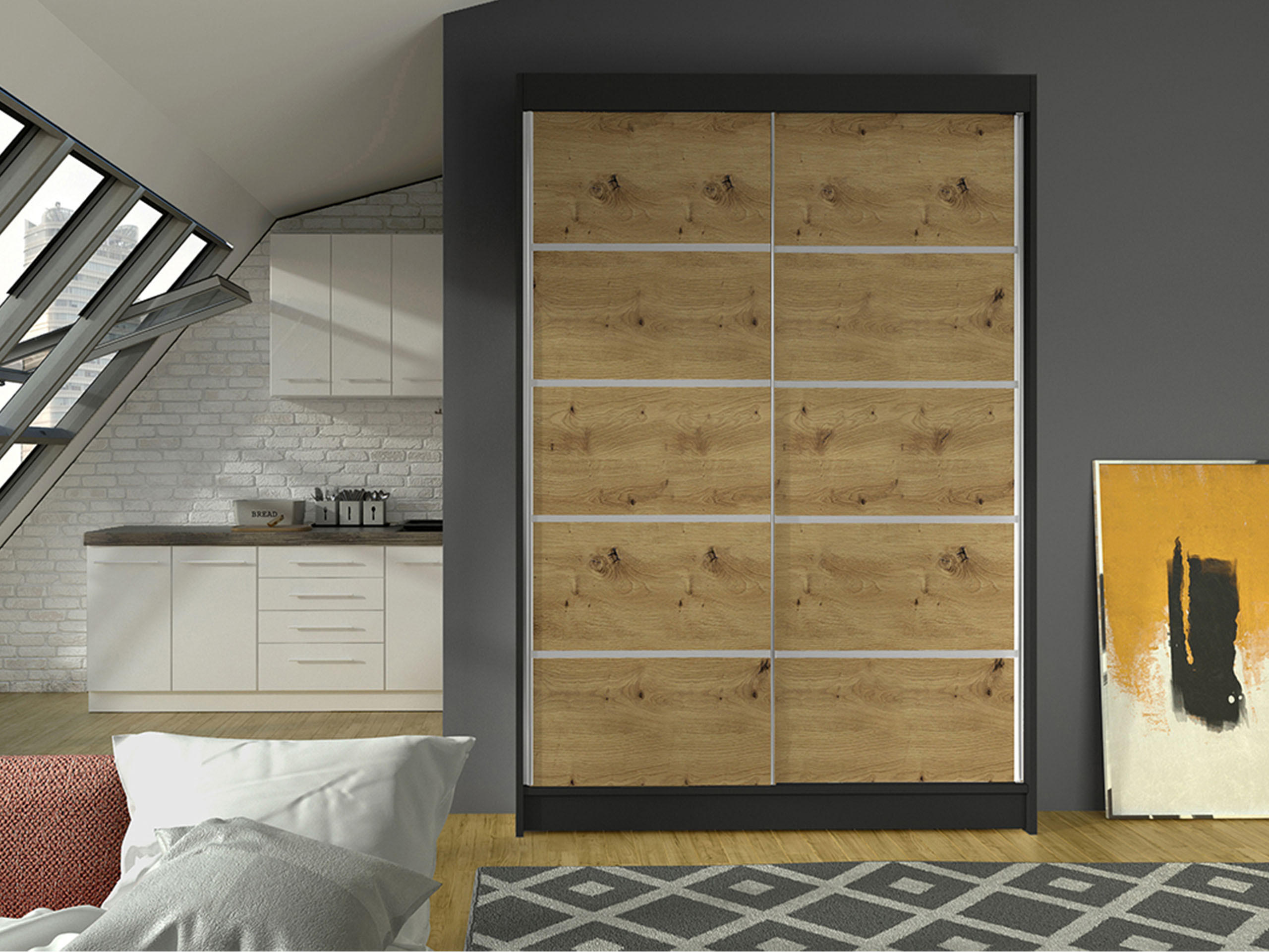 SCHWEBETÜRENSCHRANK Lino IV - Schwarz/Eiche Artisan, Holzwerkstoff/Metall (120/200/58cm) - MIRJAN24