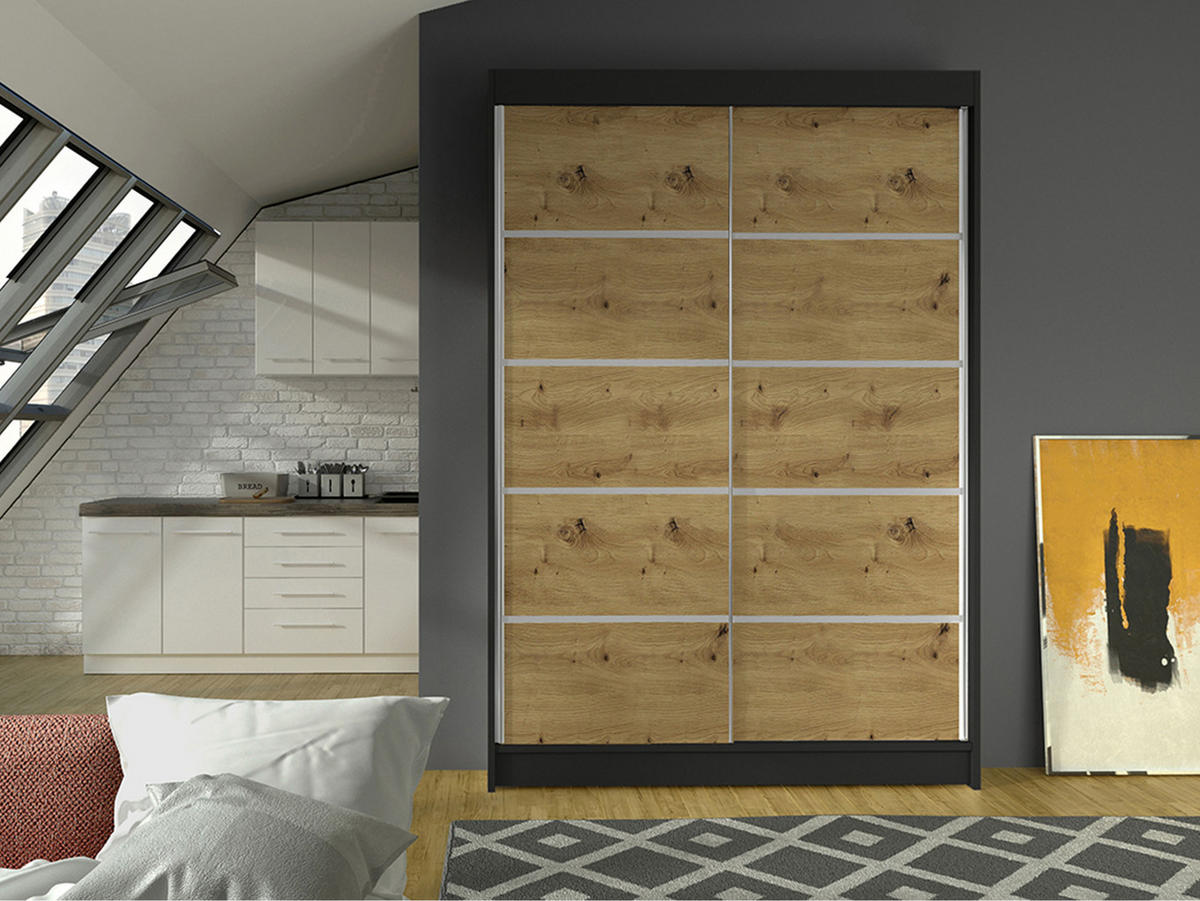 SCHWEBETÜRENSCHRANK Lino IV - Schwarz/Eiche Artisan, Holzwerkstoff/Metall (120/200/58cm) - MIRJAN24