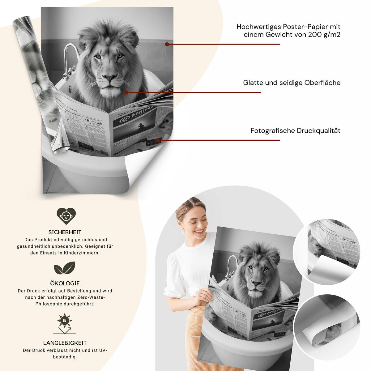 POSTER für WC Badezimmer LÖWE in der Badewanne Schwarz-Weiß Abstraktion 30x40cm - Schwarz/Weiß, Papier (30/40/40cm) - Muralo