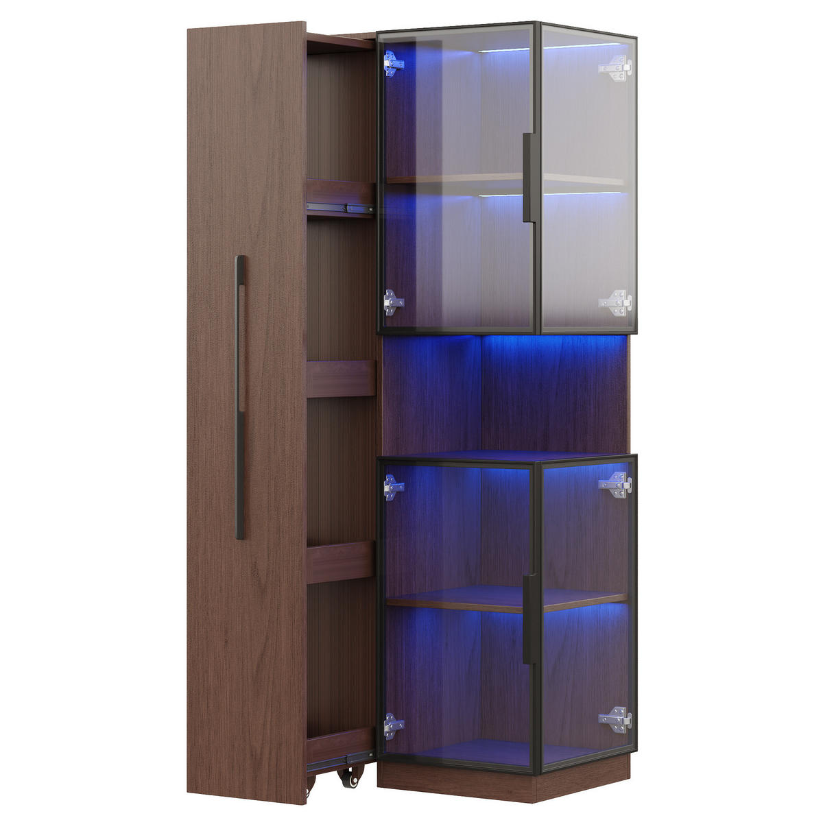 VITRINE 70/38/160 cm aus MDF und Glas mit LED-Beleuchtung und ausziehbaren Seitenregalen Walnussfarben - Walnussfarben, Holzwerkstoff (70/160/38cm) - Modenvie