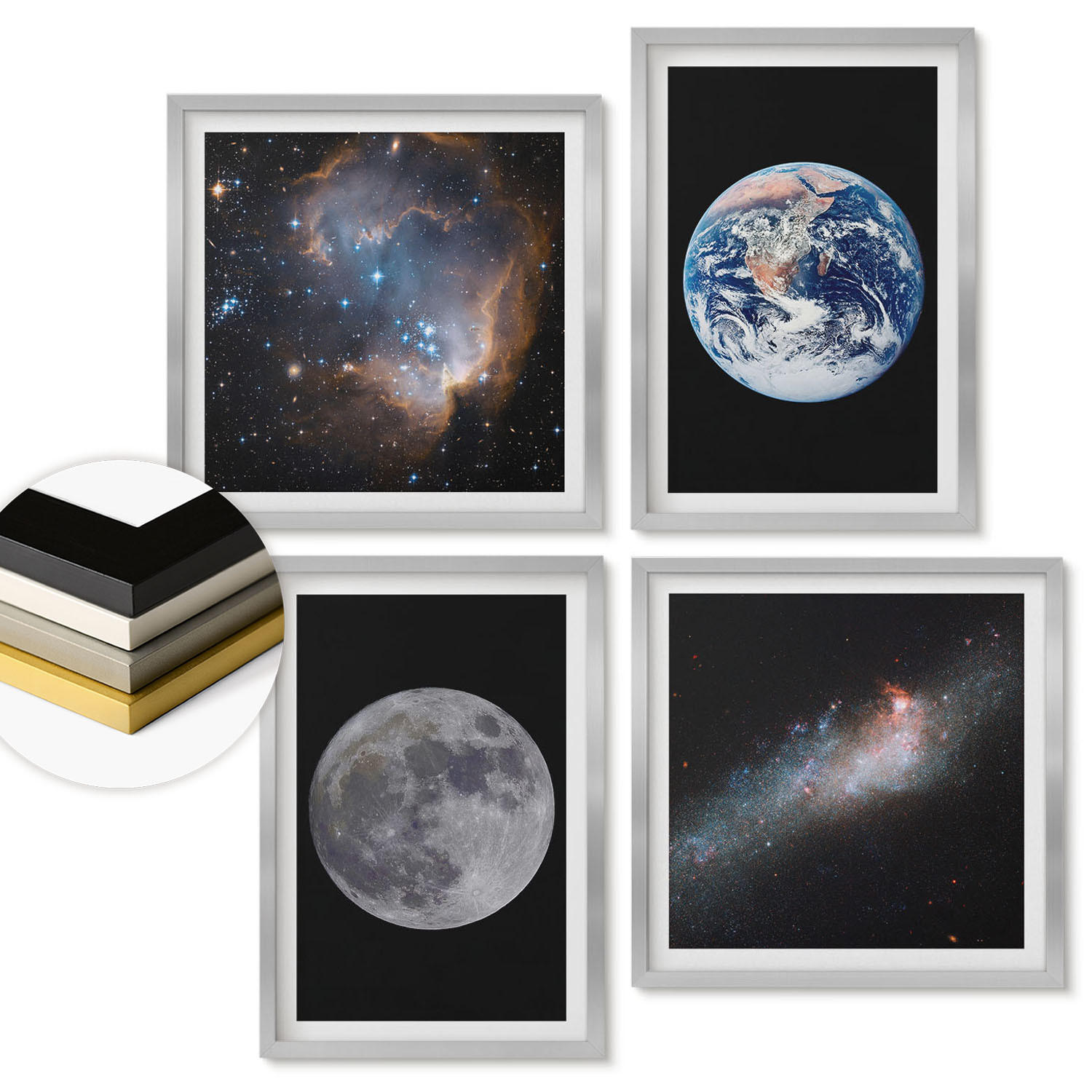 WANDBILDER 4er Set - 50x50 cm & 40x60 cm Silberner Rahmen - Galaxie Weltraum Mond - Silberfarben, Kunststoff (50/50cm) - ArtPrintCave