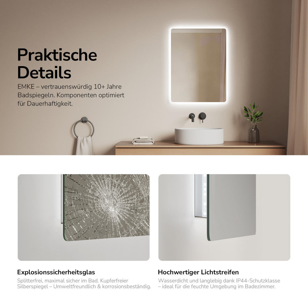 BADSPIEGEL mit Anti-Beschlag Beleuchtung Rechteckig 60/45 cm - Weiß, Glas (45/3.6/60cm) - EMKE