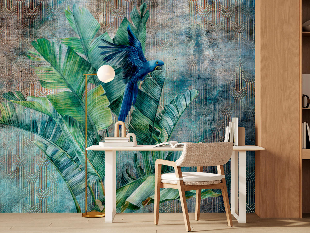 FOTOTAPETA Pre Obývaciu Izbu Retro Papagáj Tropické Listy 250 x 175 cm - hnedá/modrá, papier (250/175cm) - Muralo