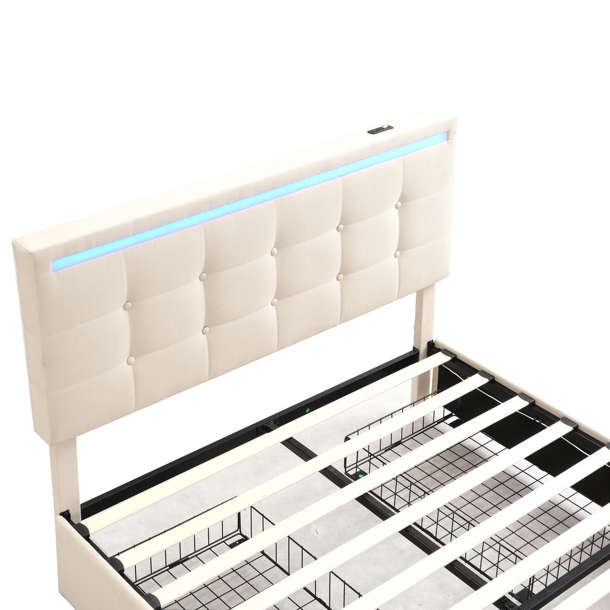POLSTERBETT 140x200 LED 4 Schubladen 2 USB Leinen Beige - Beige, Holzwerkstoff - FLIEKS