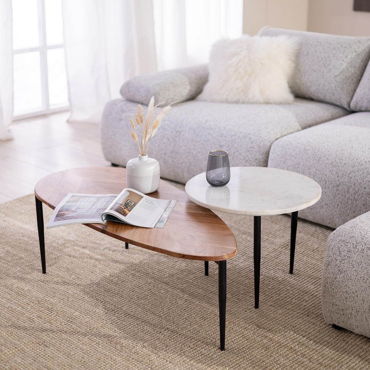 HOME24 Couchtisch CONDIS 2-teilig - Schwarz/Weiß, Holz/Stein (50/110/35cm) - home24