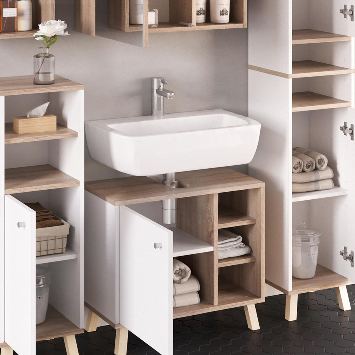 BADMÖBEL-SET Senyo Weiß 5 Teile, mit Hochschrank - Weiß/Sonoma Eiche, Holzwerkstoff (62/54/32cm) - Vicco