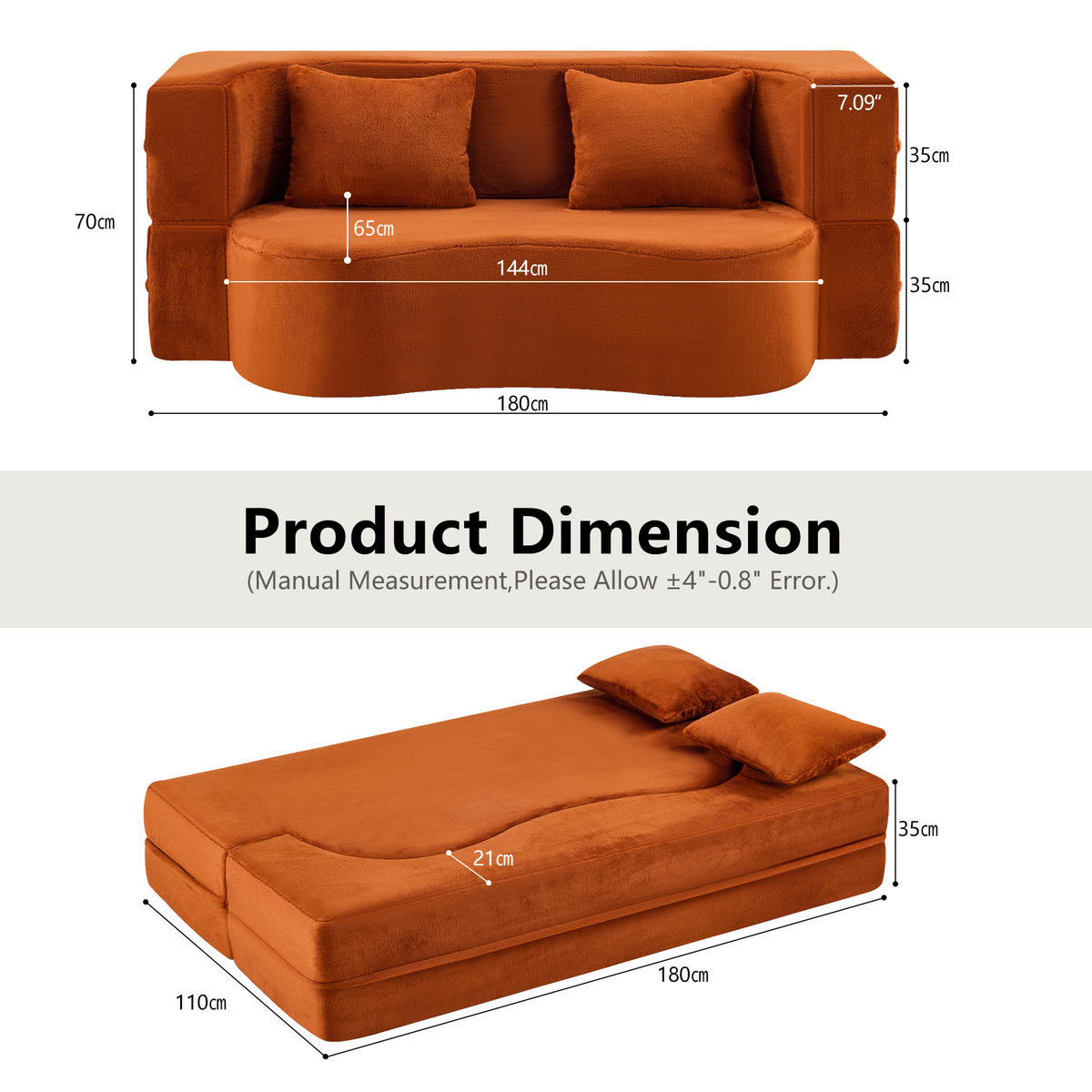 2-SITZER SCHLAFSOFA Mikrofaser Orange mit Klappfunktion und 2 Kissen - Orange, Textil (180/70/110cm) - WISHDOR